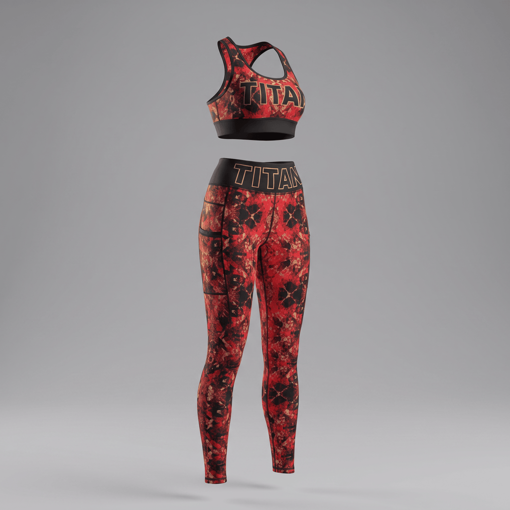 Red and black tie-dye athletic sports bra and high-waisted leggings set with Titan branding.