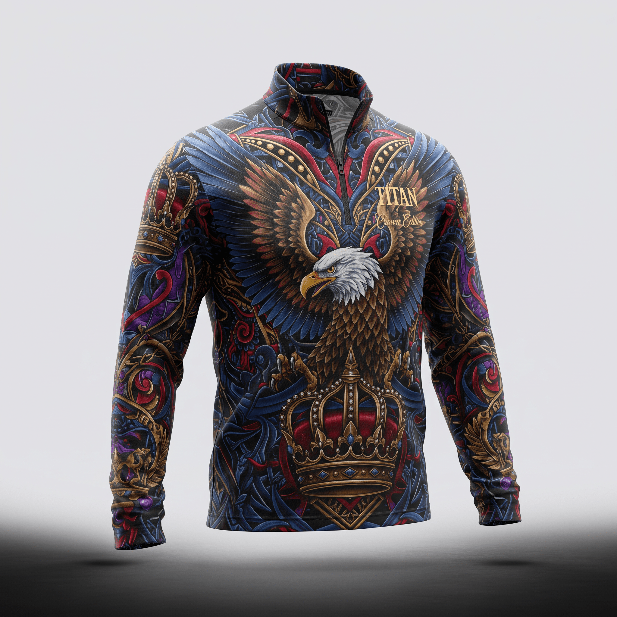 Titan Crown Edition quarter-zip pullover featuring an intricate eagle and crown graphic in blue, red, and gold.