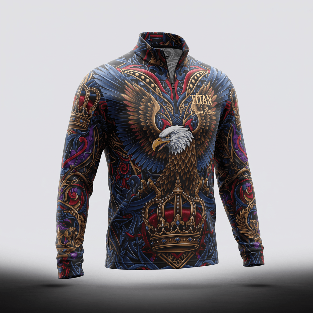 Long-sleeve quarter-zip shirt featuring an intricate multicolored eagle and crown graphic pattern.