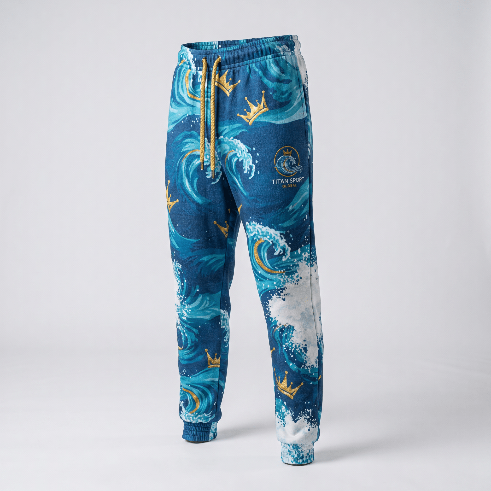 Blue Titan Sport Global sweatpants featuring a gold crown and white wave pattern with yellow drawstrings.