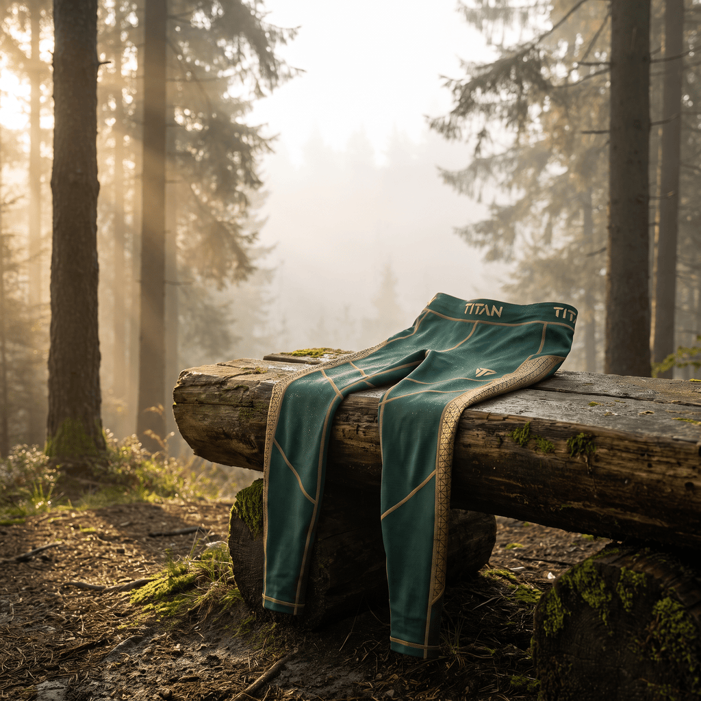 Dark green athletic leggings with gold geometric patterns and "TITAN" branding resting on a mossy log in a forest.