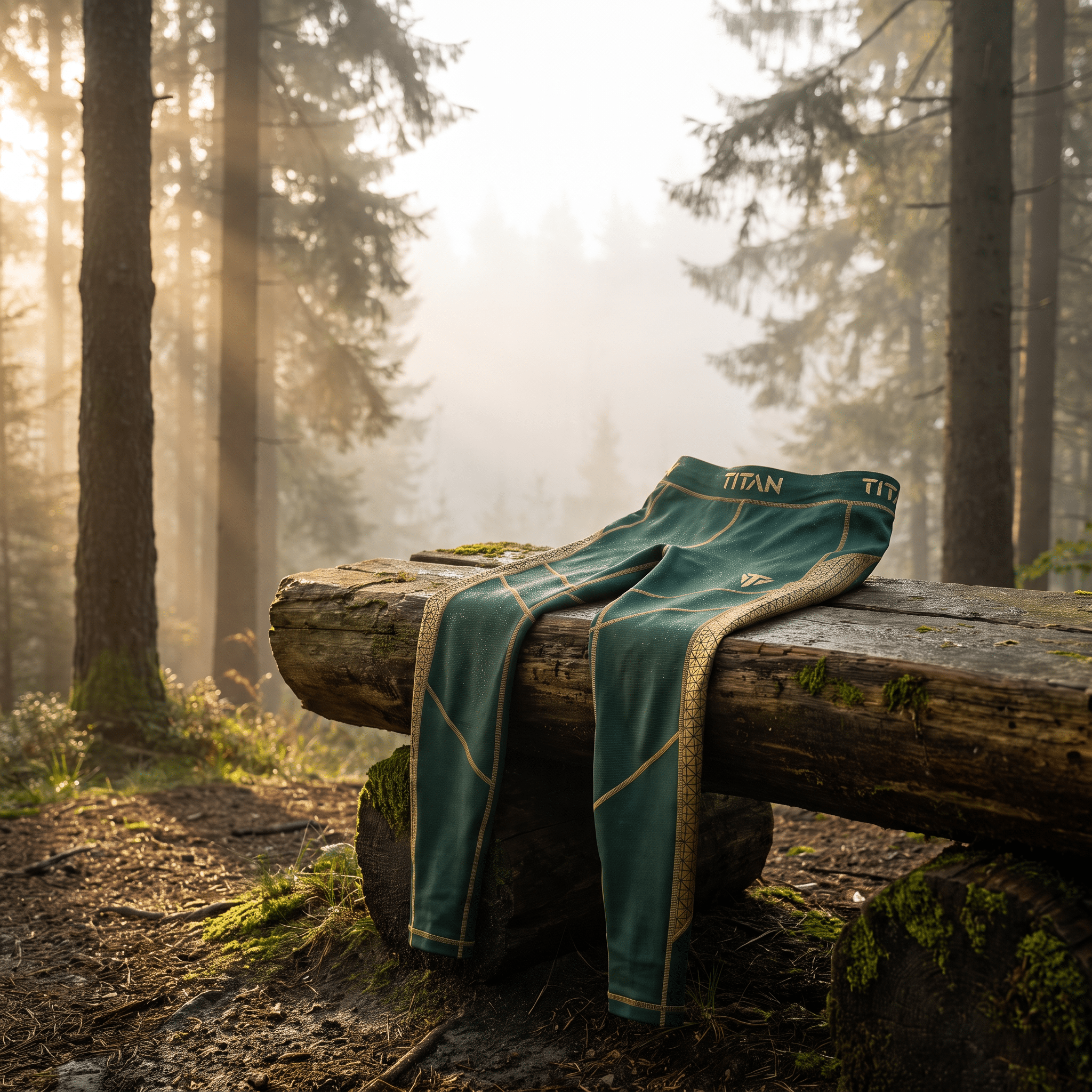 Dark green athletic leggings with gold geometric patterns and "TITAN" branding resting on a mossy log in a forest.