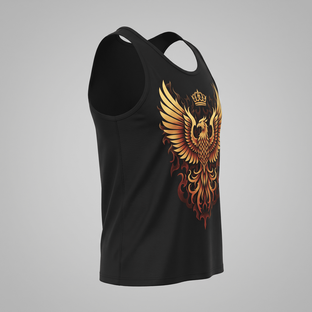 Black tank top featuring a golden phoenix and crown graphic in flames on the front.