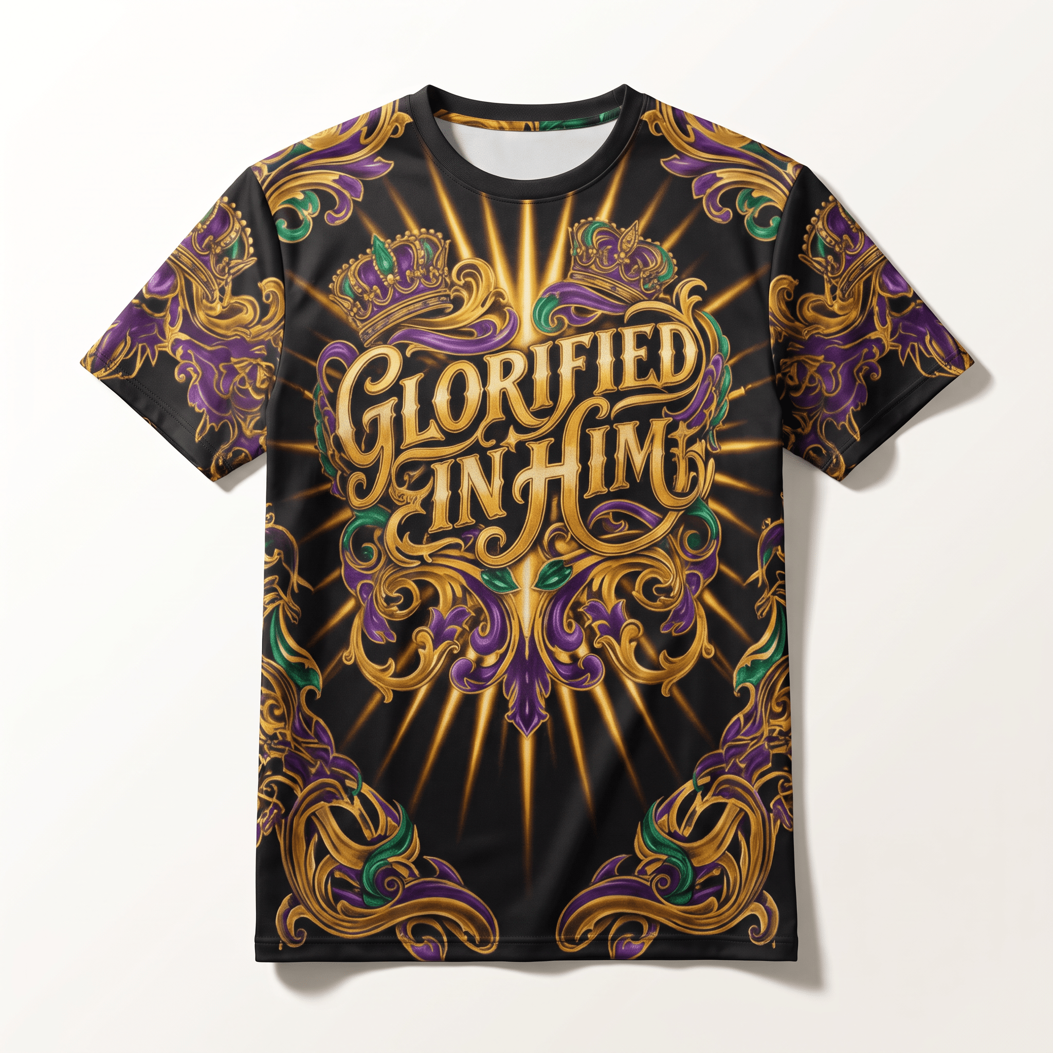 Black t-shirt featuring Glorified In Him typography in gold with purple and green baroque scrollwork and crowns.