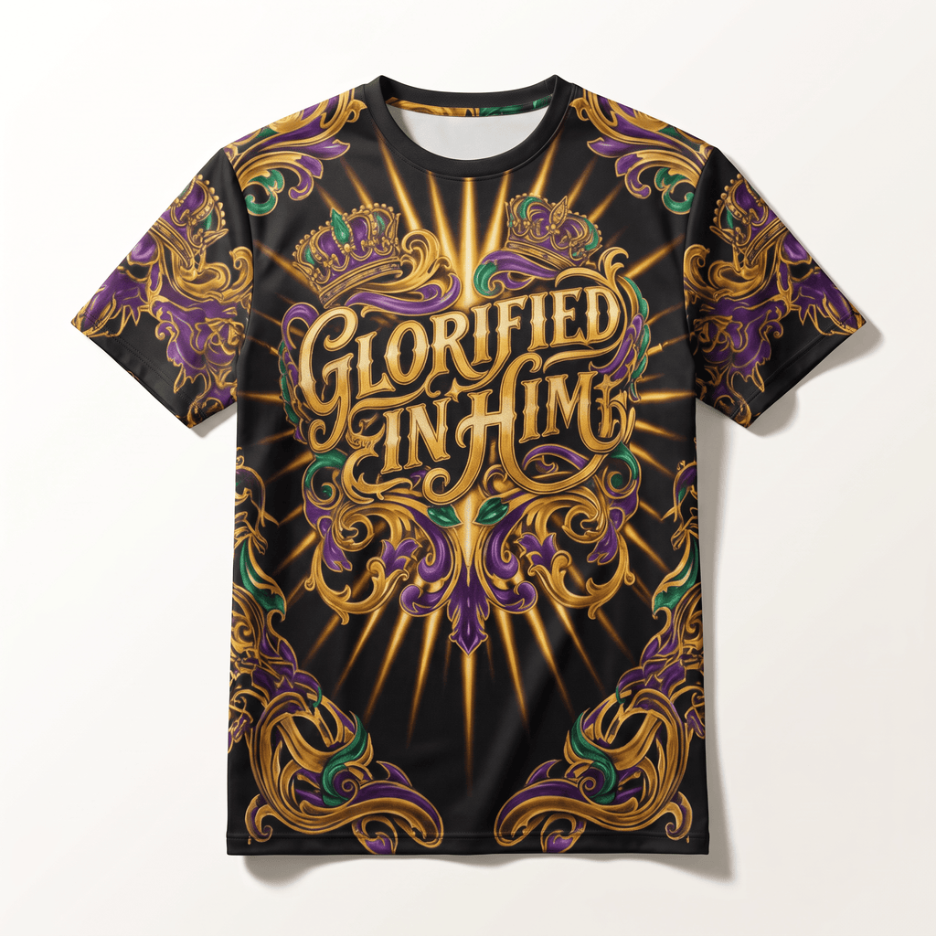 Black t-shirt with all-over gold, purple, and green baroque scrollwork, crowns, and Glorified in Him text.