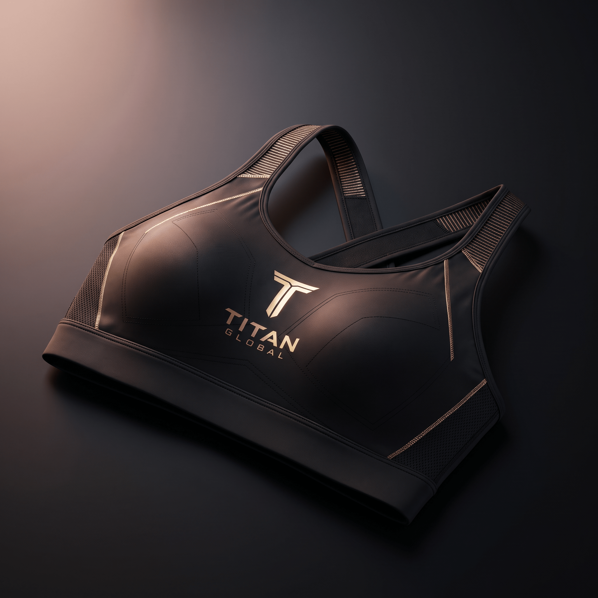Black sports bra with gold trim and "TITAN GLOBAL" branding, featuring a crisscross back and mesh accents.