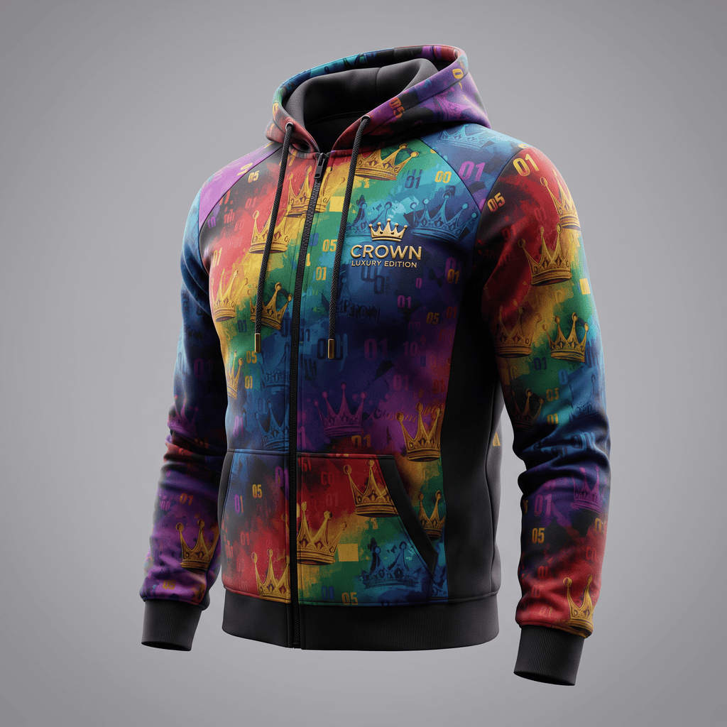 Multicolored zip-up hoodie featuring an all-over crown and number print with Crown Luxury Edition logo.