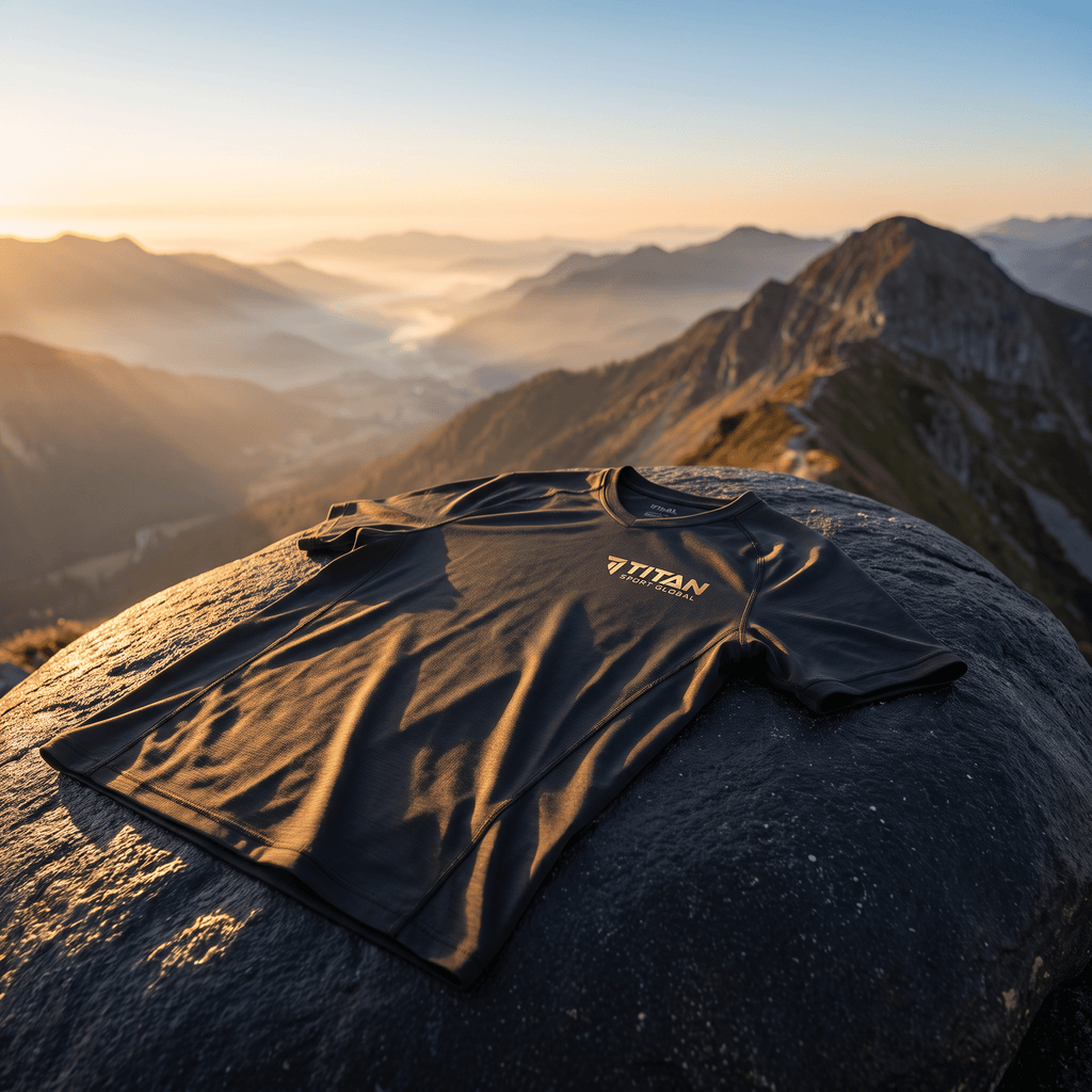 Black athletic T-shirt with gold Titan Sport Global logo, laid on a mountain peak at sunset.