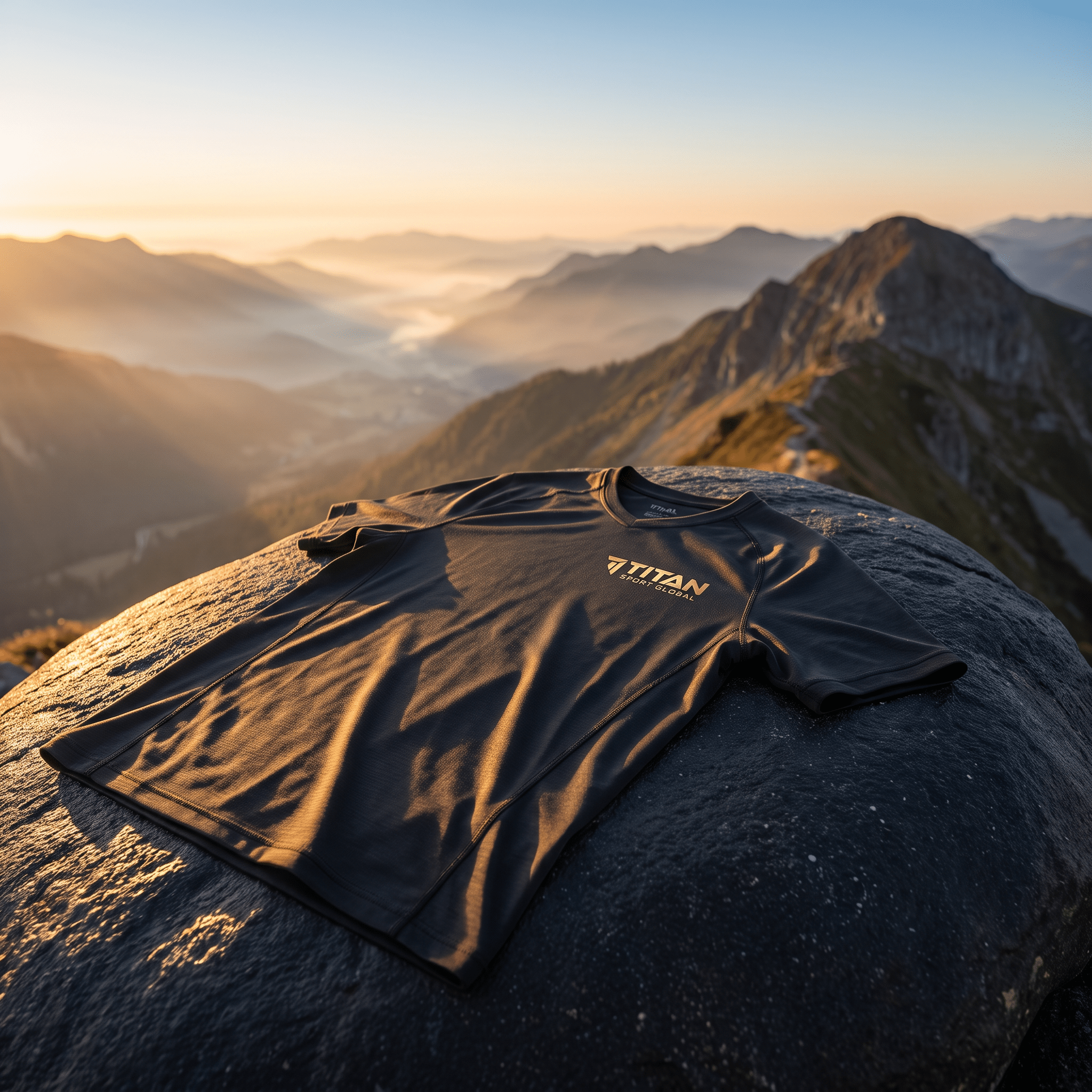Black athletic T-shirt with gold Titan Sport Global logo, laid on a mountain peak at sunset.