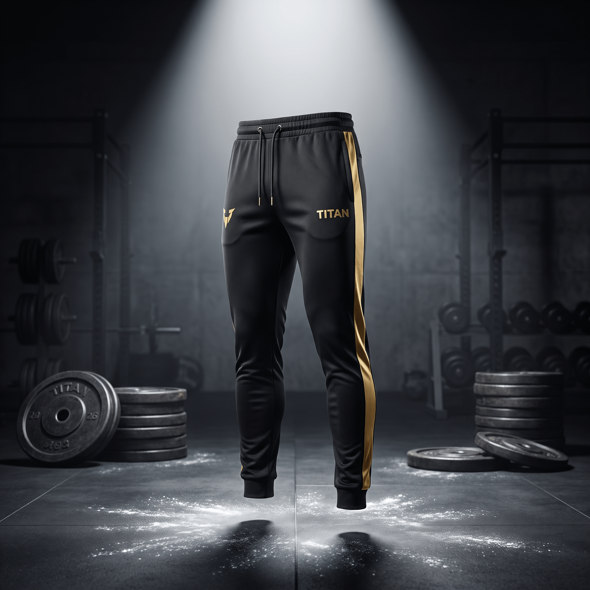 Black athletic joggers with gold side stripes and "TITAN" logo, centered in a gym with weights under a spotlight.