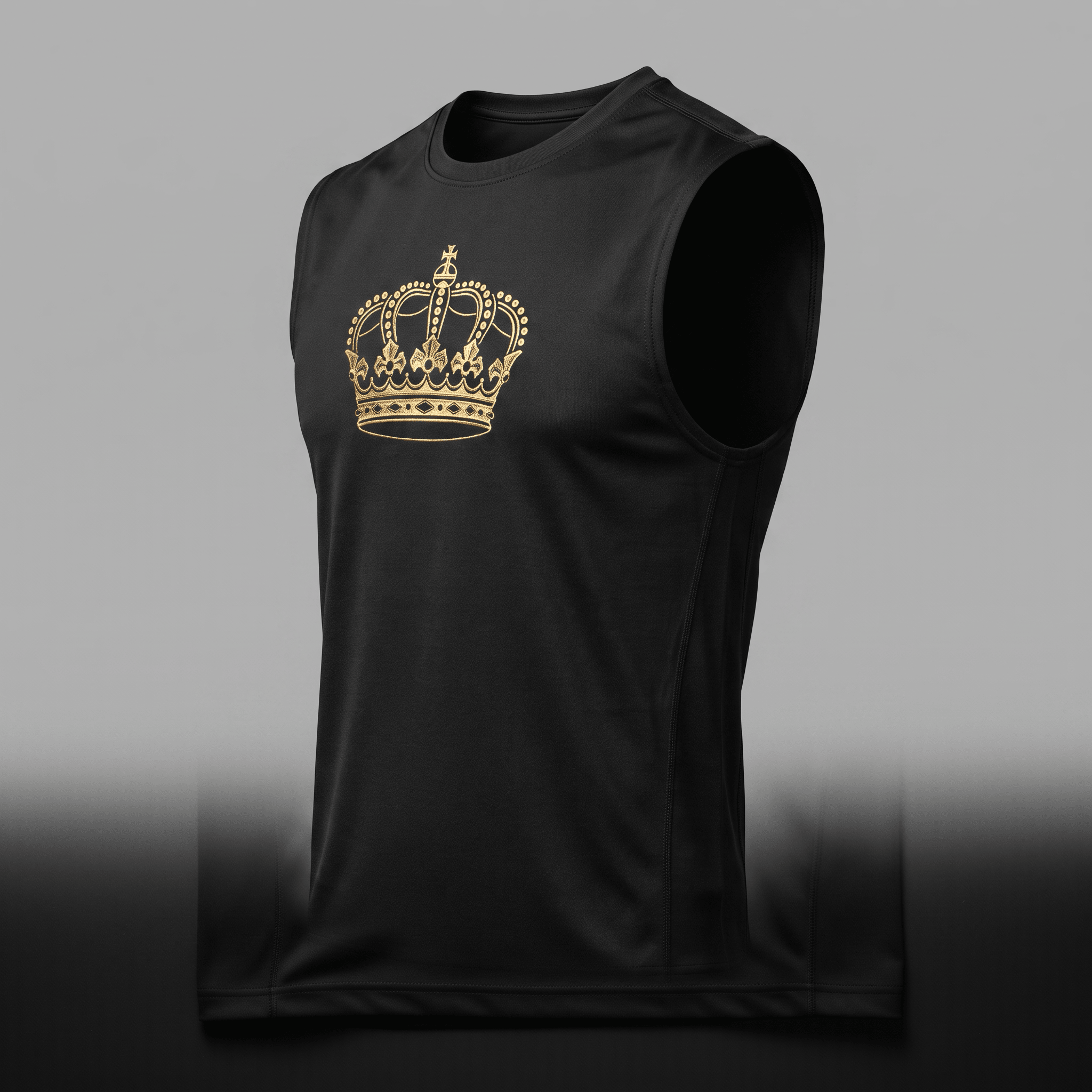 Black sleeveless athletic tank top with a gold crown graphic on the chest.