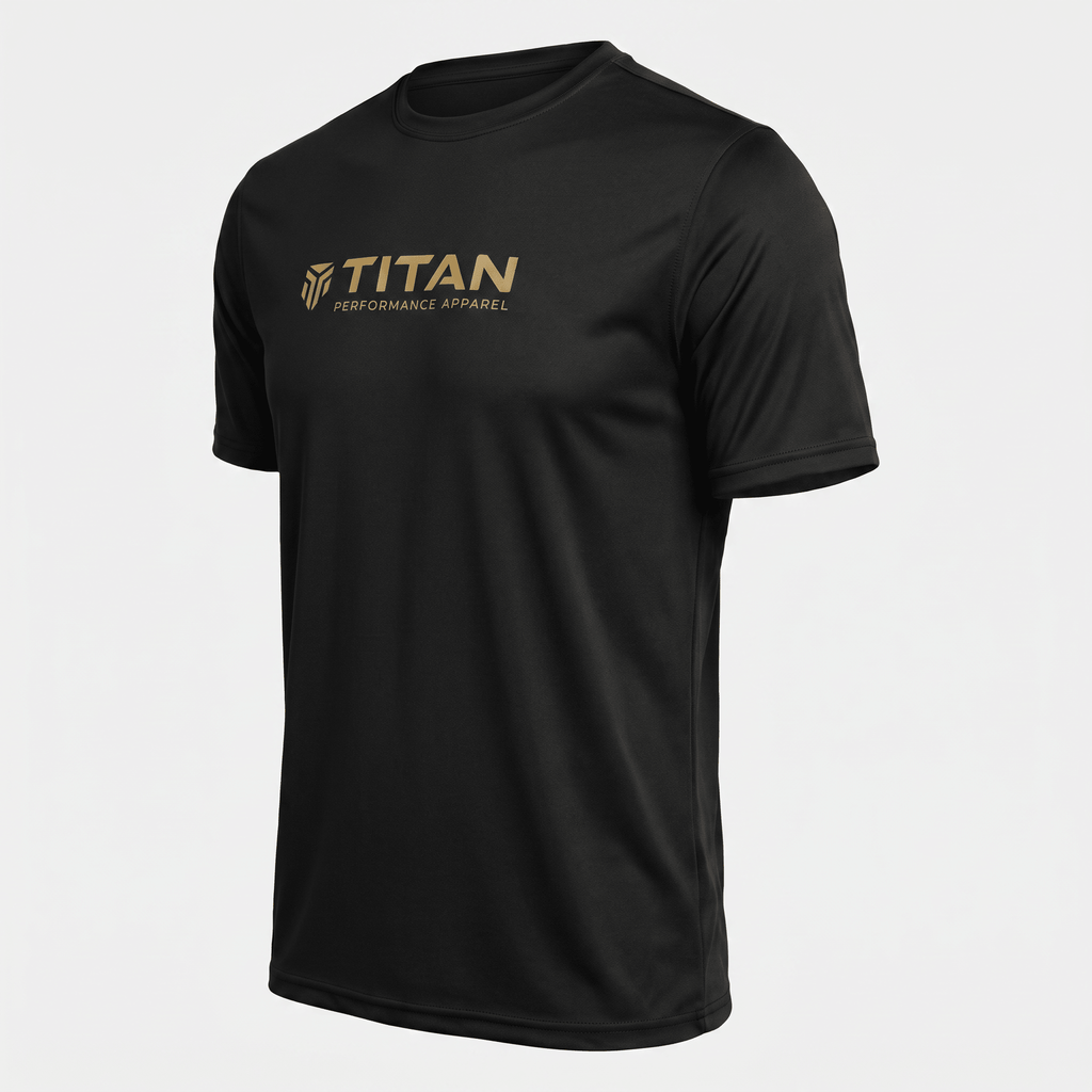 Black athletic t-shirt with gold Titan Performance Apparel logo on the chest.