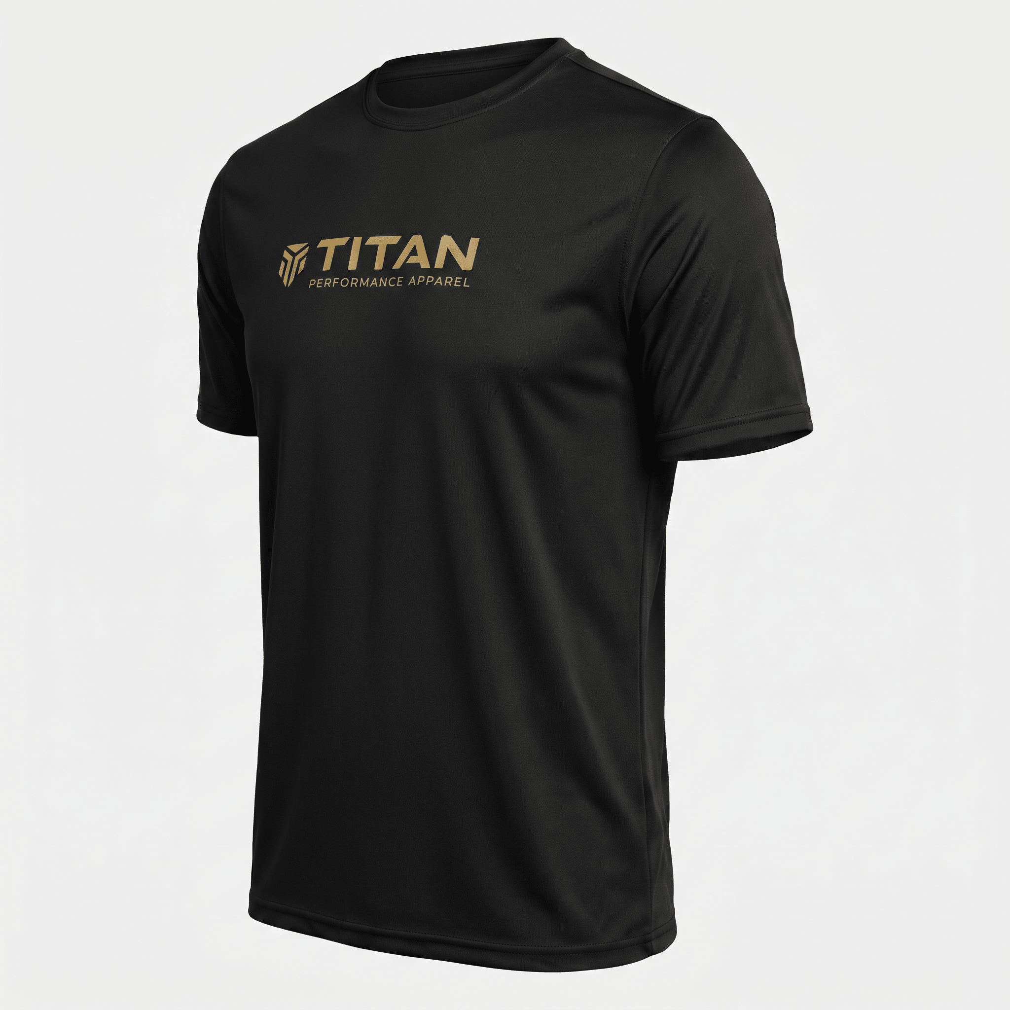 Black short-sleeve athletic t-shirt with gold Titan Performance Apparel logo on chest.