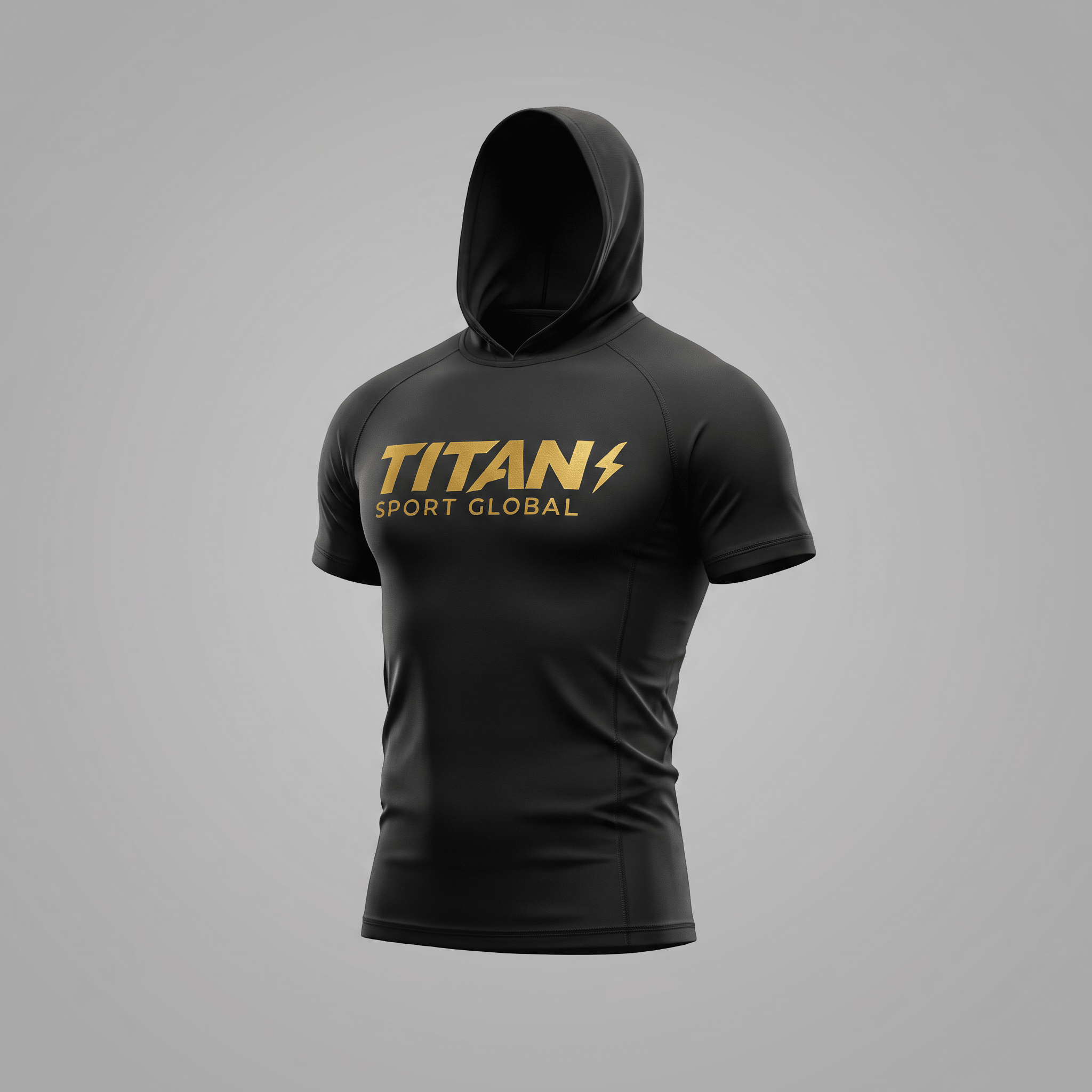 Black short-sleeve athletic hoodie with gold Titan Sport Global logo on the chest.