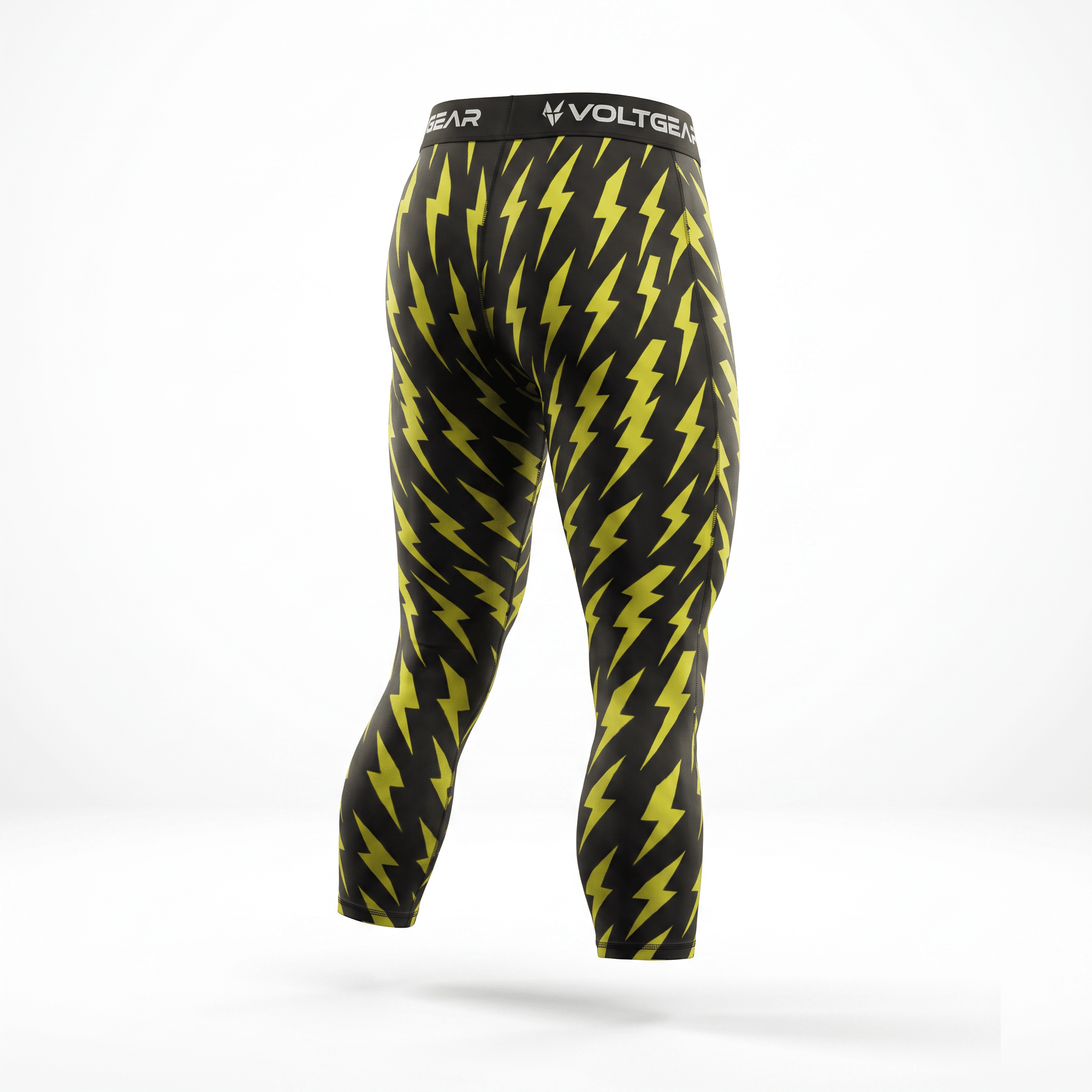 Voltgear athletic leggings in black with yellow lightning bolt pattern, back view.