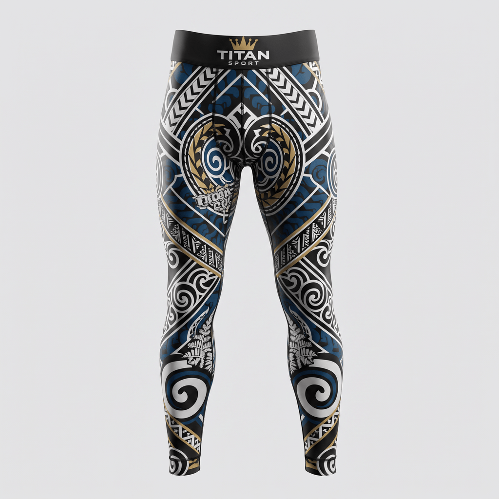 Titan Sport compression tights in blue, white, and black with Polynesian-style tribal patterns.