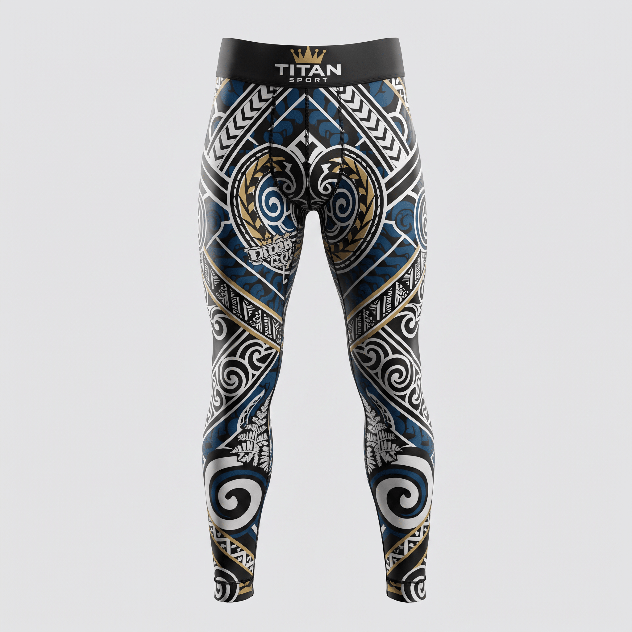 Titan Sport compression tights in blue, white, and black with Polynesian-style tribal patterns.