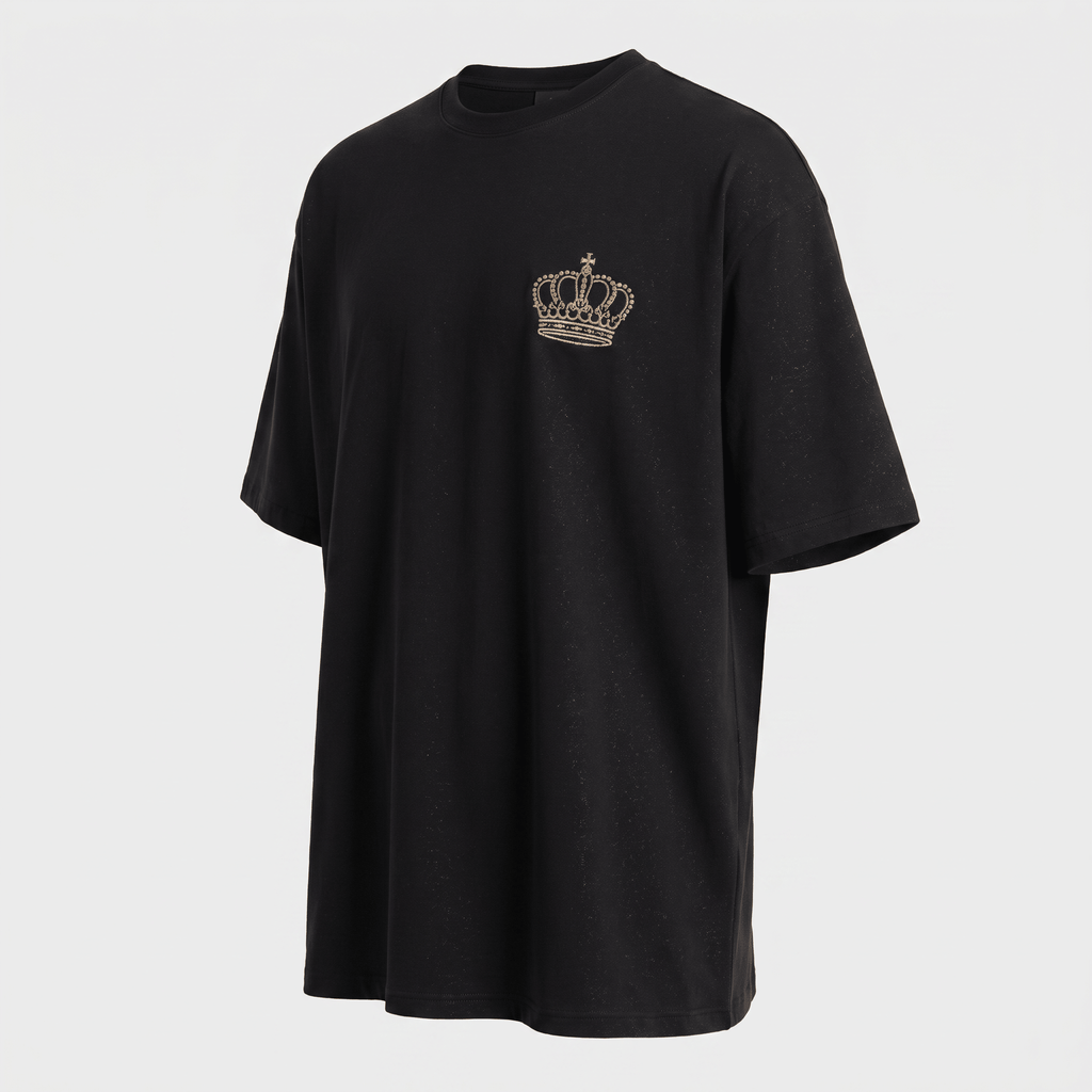 Black short-sleeve t-shirt with a gold rhinestone crown logo on the chest.