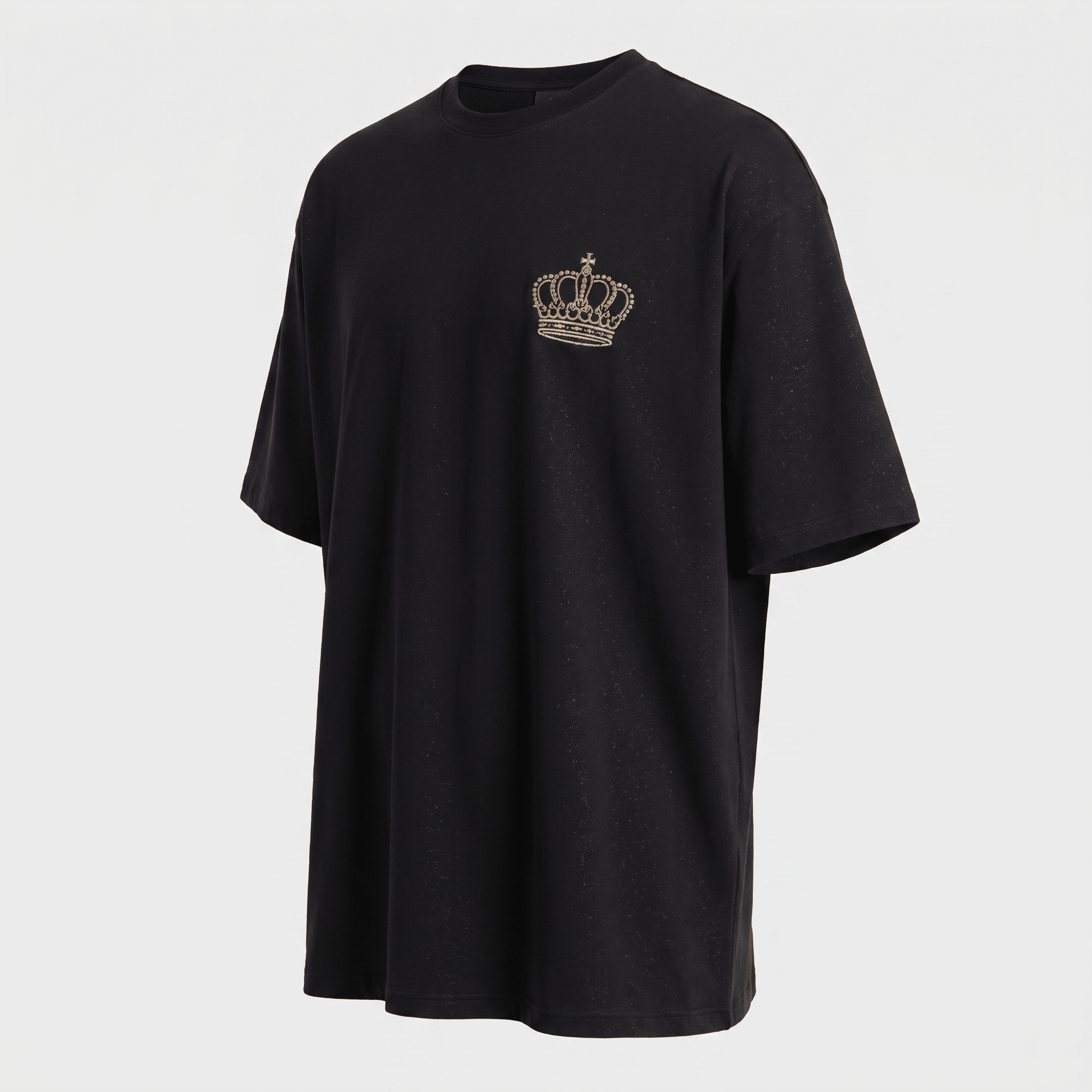Black short-sleeve t-shirt with a gold rhinestone crown logo on the chest.