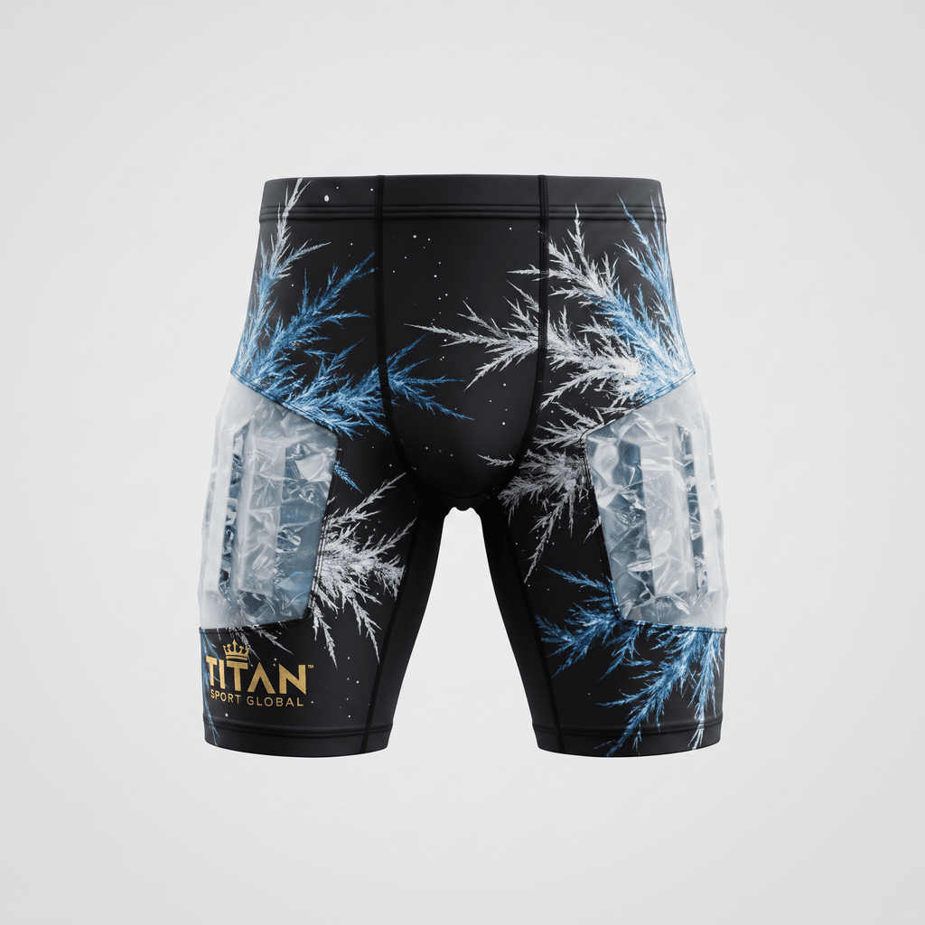 Black compression shorts with blue and white frost patterns, ice pack thigh pockets, and gold Titan logo.