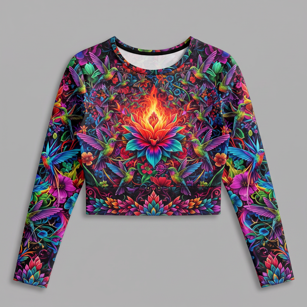Long-sleeve crop top featuring a vibrant, multicolored hummingbird and floral lotus flame print on black.