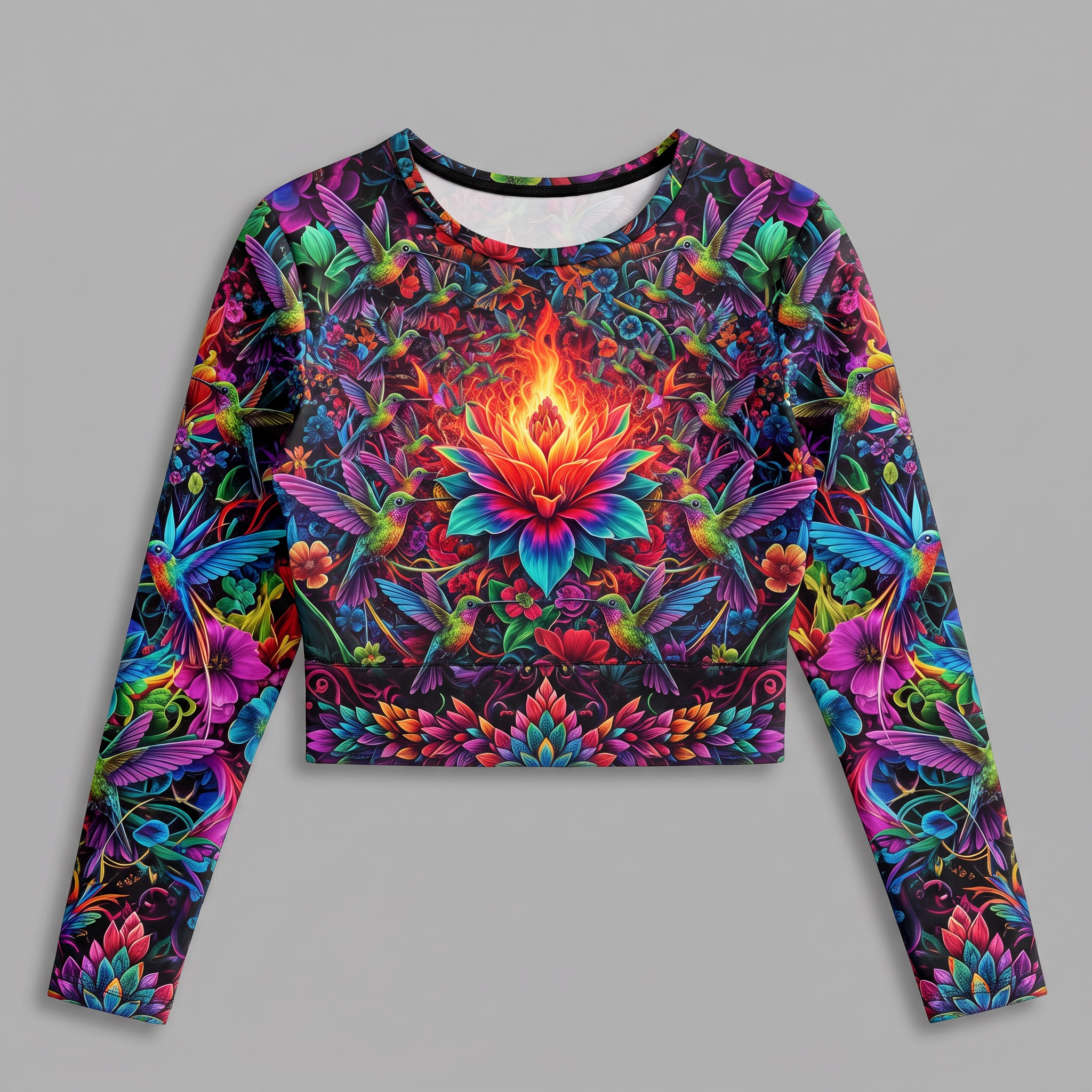Long-sleeve crop top featuring a vibrant, multicolored hummingbird and floral lotus flame print on black.