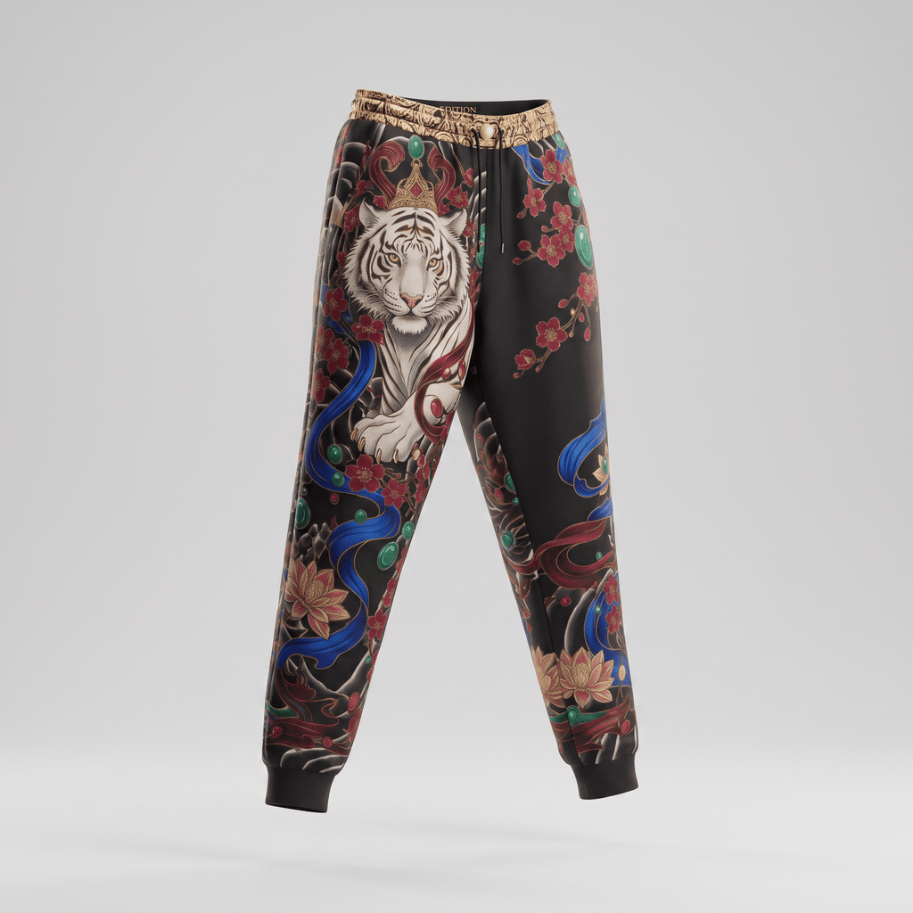 Black sweatpants featuring an intricate white tiger, red cherry blossoms, and gold waistband print.