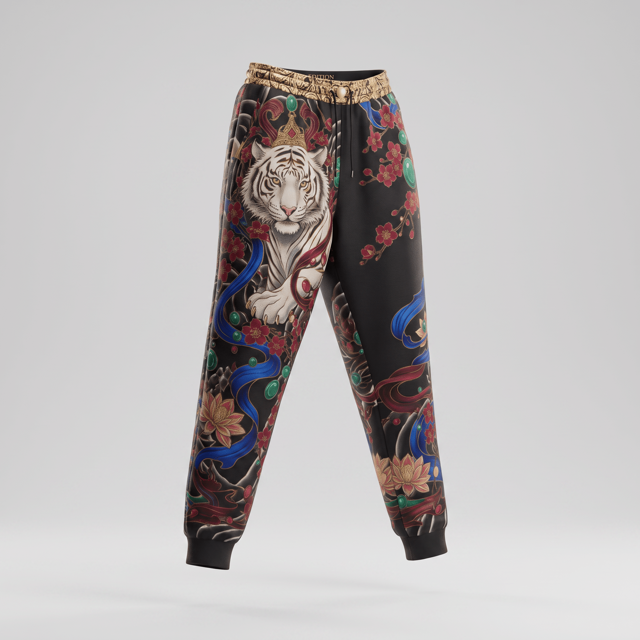 Black sweatpants featuring an intricate white tiger, red cherry blossoms, and gold waistband print.