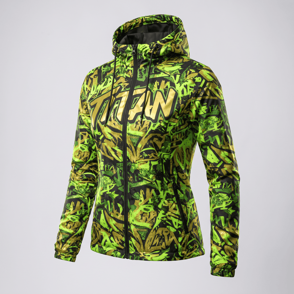 Women's lime green and black zip-up hooded jacket with graffiti print and Titan logo on chest.