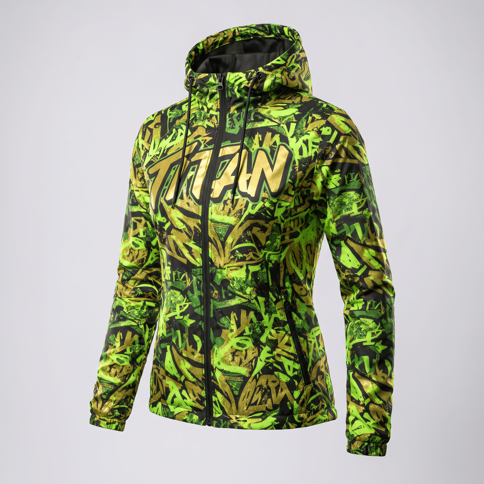 Women's lime green and black zip-up hooded jacket with graffiti print and Titan logo on chest.