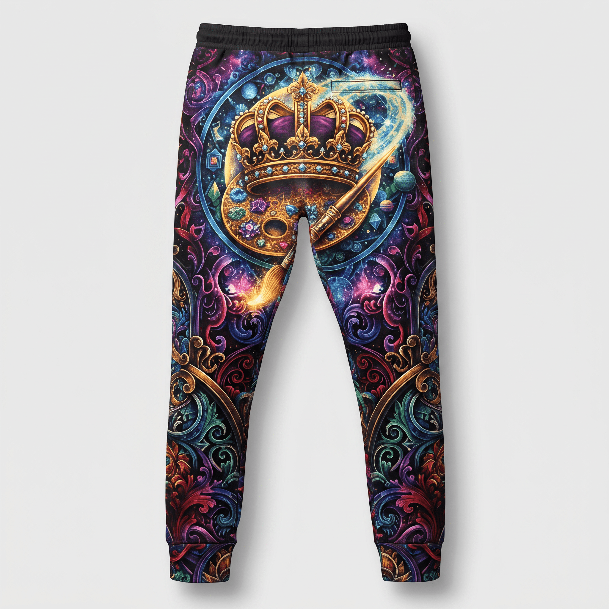 Black joggers featuring a colorful fantasy print with a golden crown, paintbrush, and baroque scrollwork.