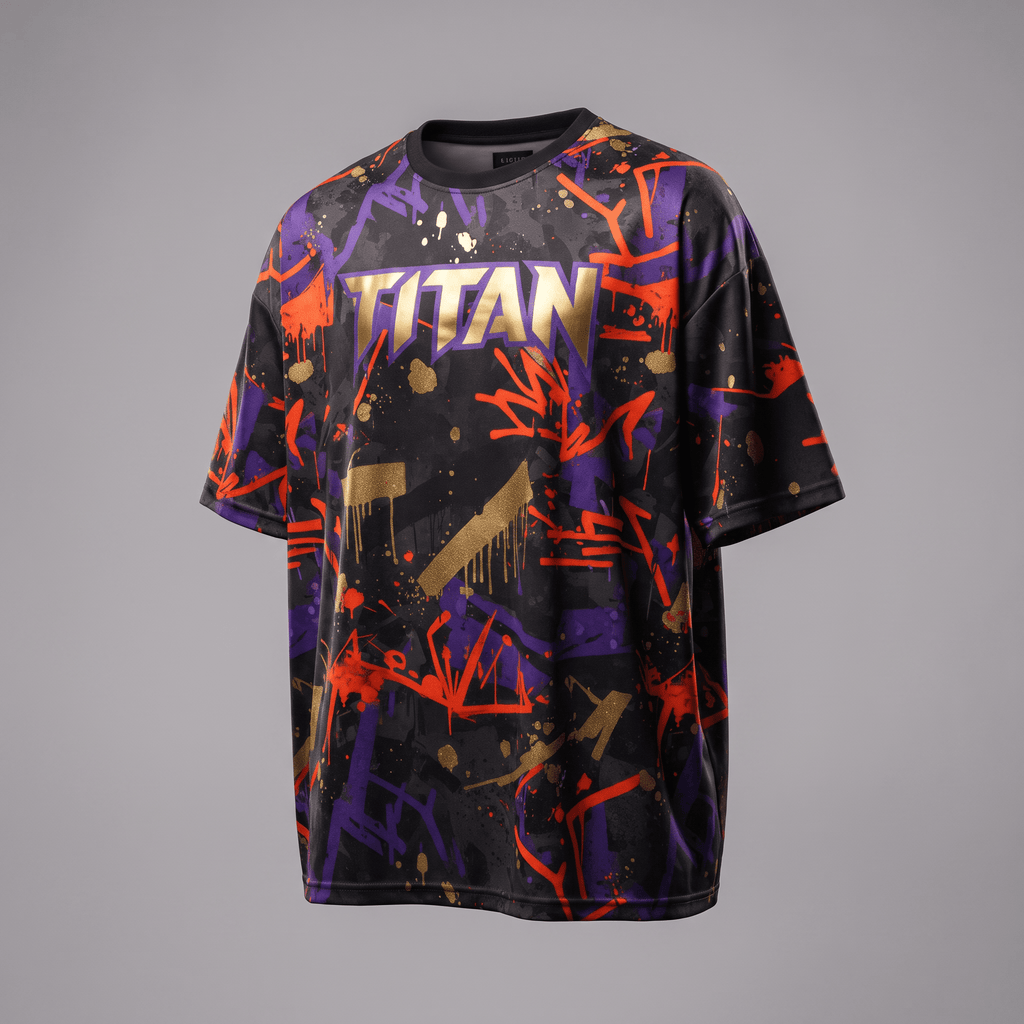 Black oversized t-shirt with graffiti print in purple, orange, and gold, featuring the word TITAN on the chest.