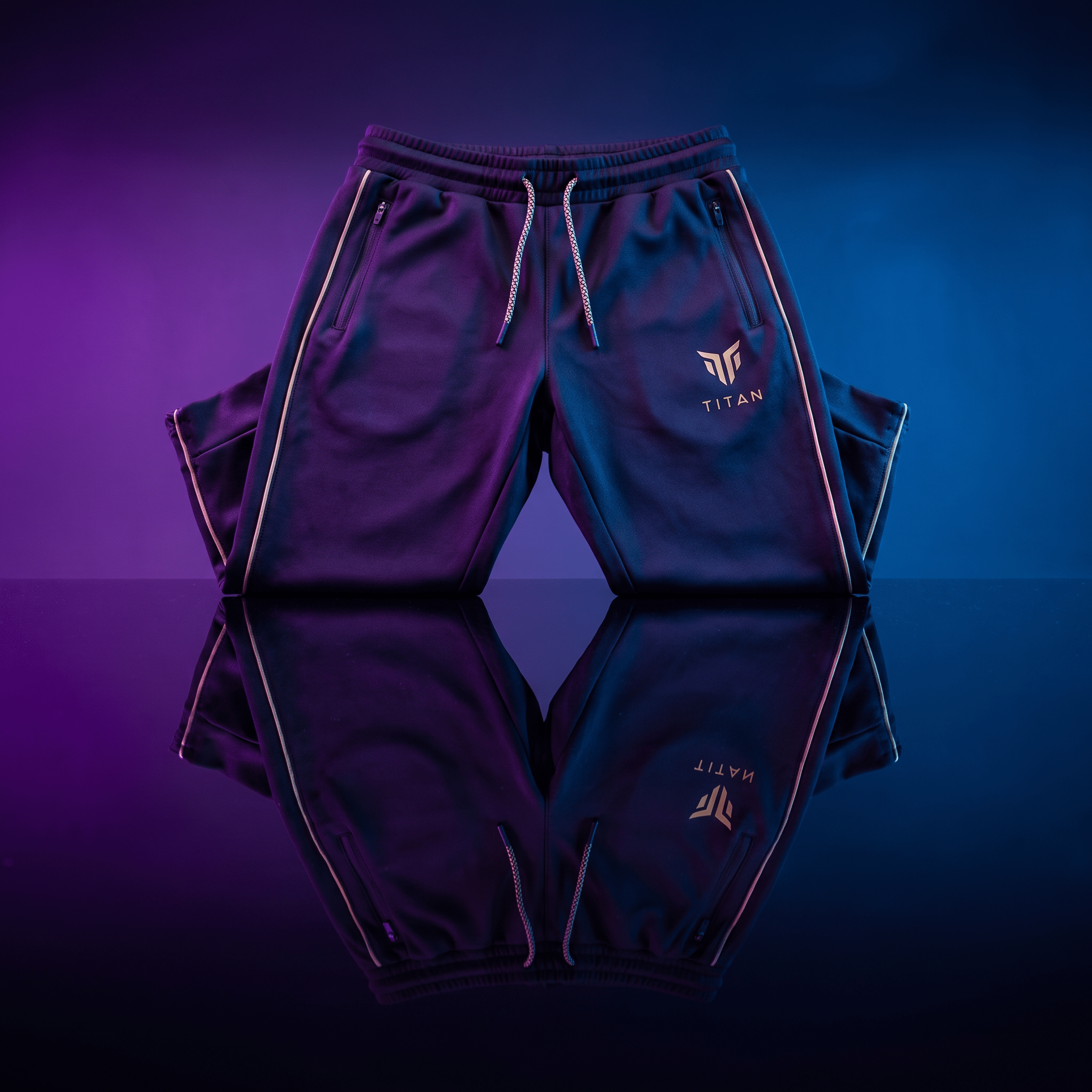 Dark blue Titan athletic joggers with gold piping and logo, featuring drawstring waist, set against neon lighting.