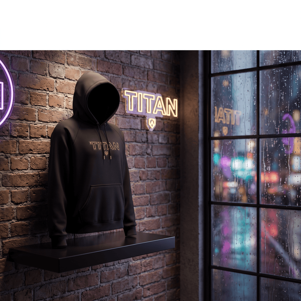 Black hooded sweatshirt with gold "TITAN" logo displayed on a shelf against a brick wall with neon signage.