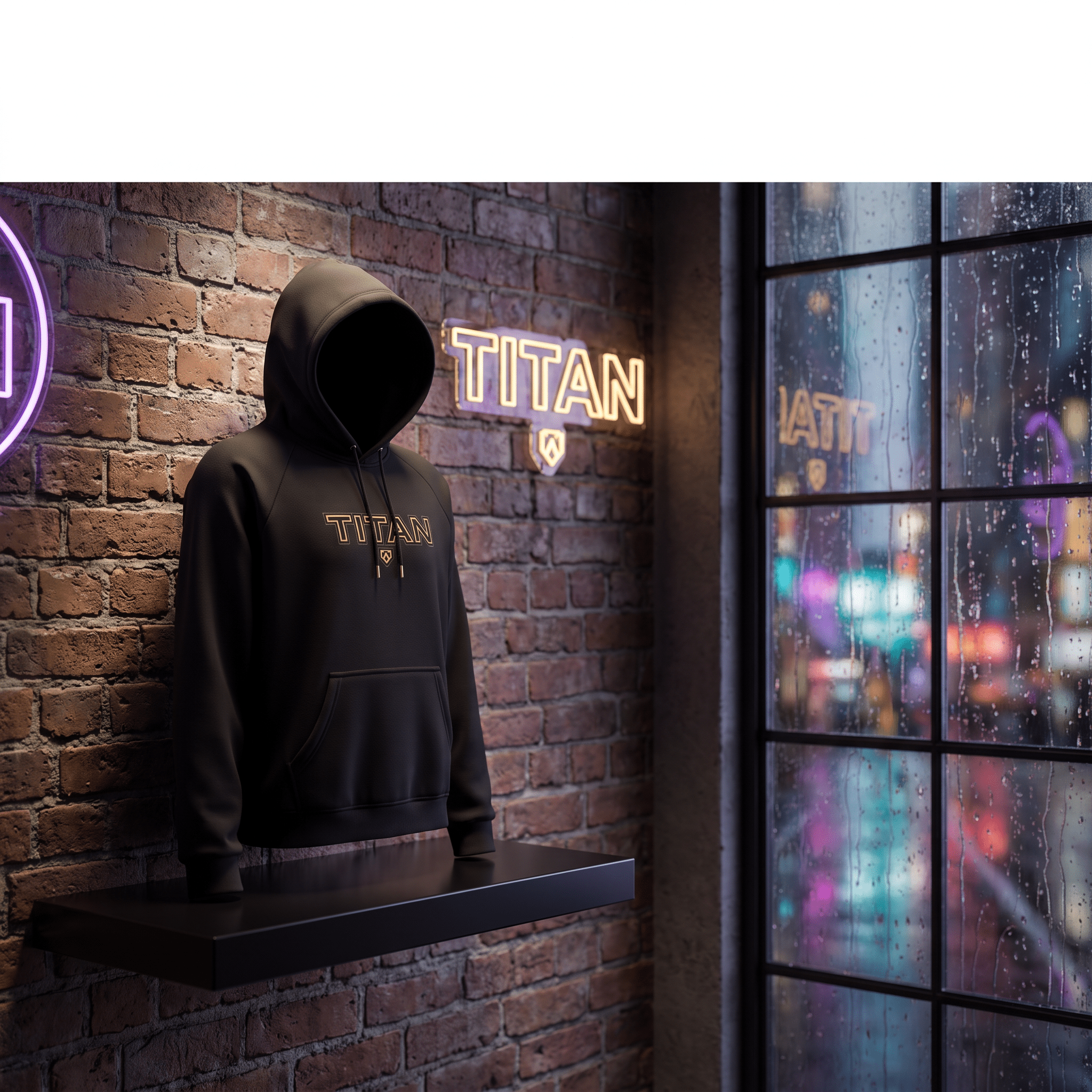 Black hooded sweatshirt with gold "TITAN" logo displayed on a shelf against a brick wall with neon signage.