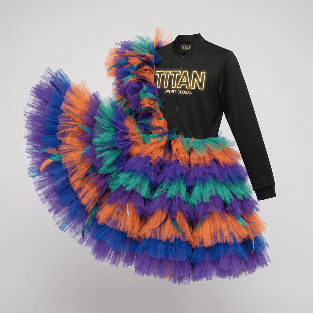 Black Titan Sport Global jacket with an extravagant, colorful ruffled tutu skirt in orange, purple, blue, and green.