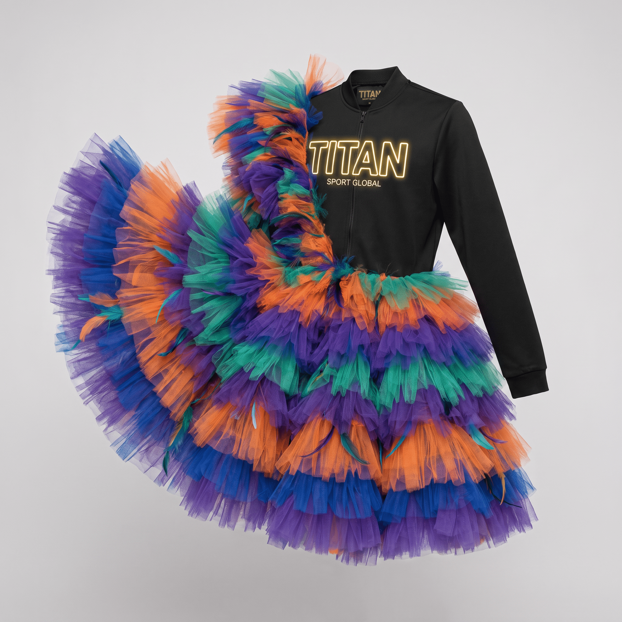 Black Titan Sport Global jacket with an extravagant, colorful ruffled tutu skirt in orange, purple, blue, and green.