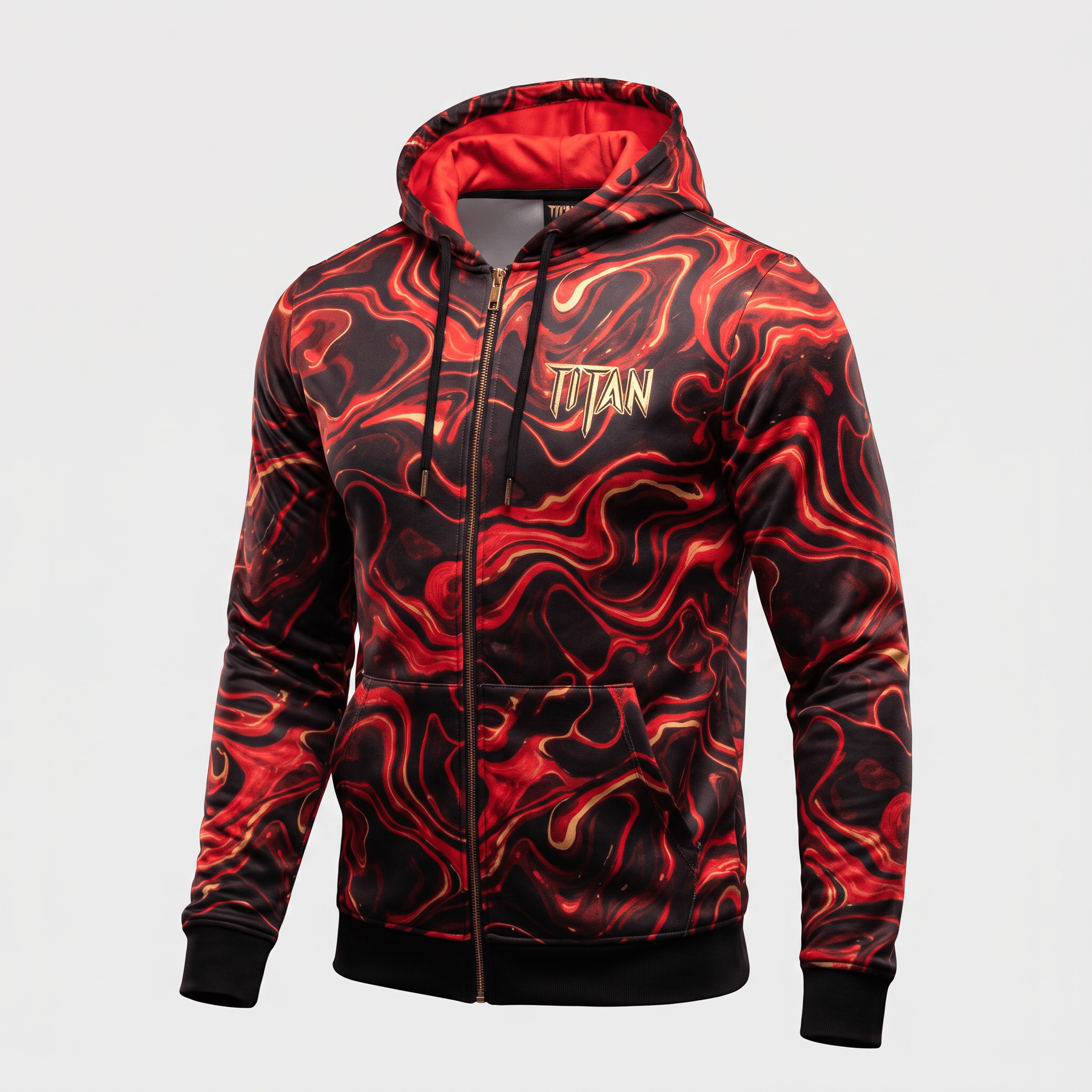 Red and black abstract swirl zip-up hoodie with gold Titan logo and hood lining.