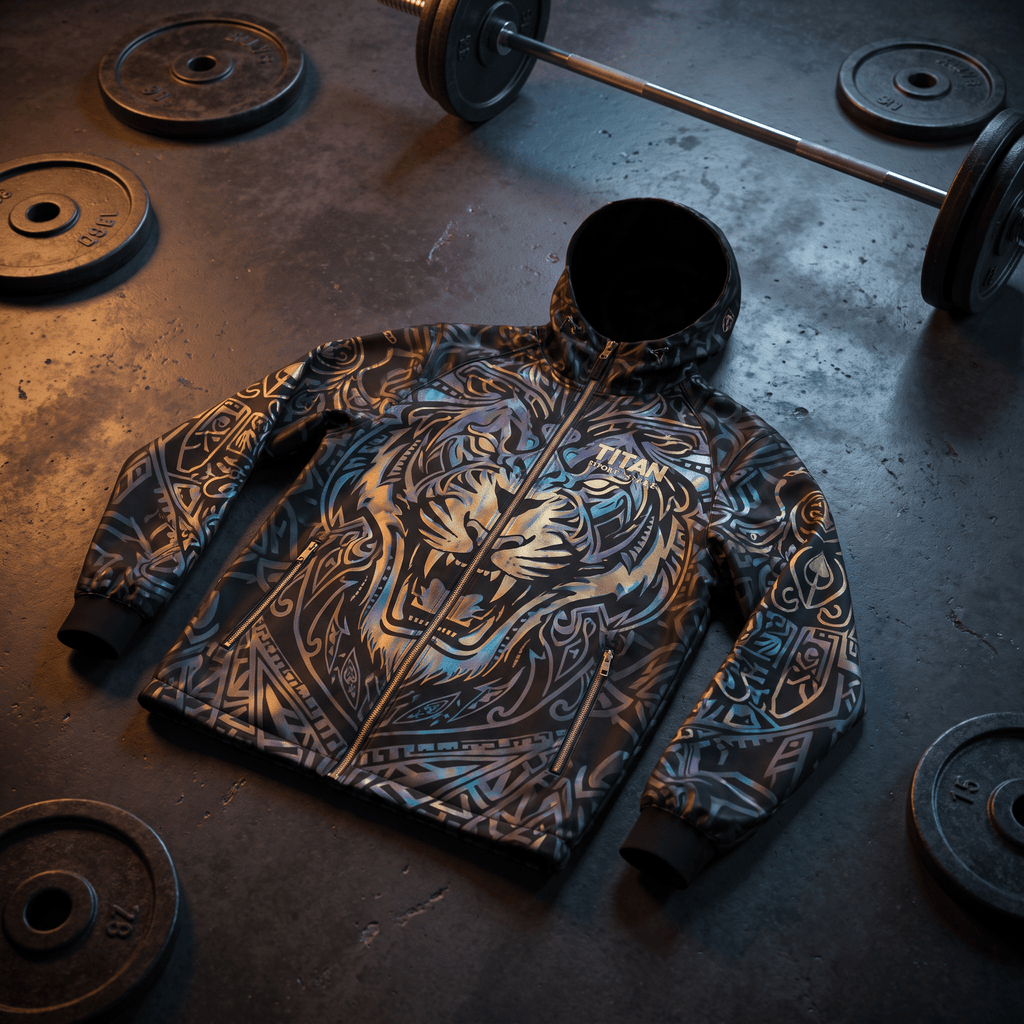 Black hooded zip-up jacket with iridescent tiger and tribal patterns on a gym floor with barbell weights.