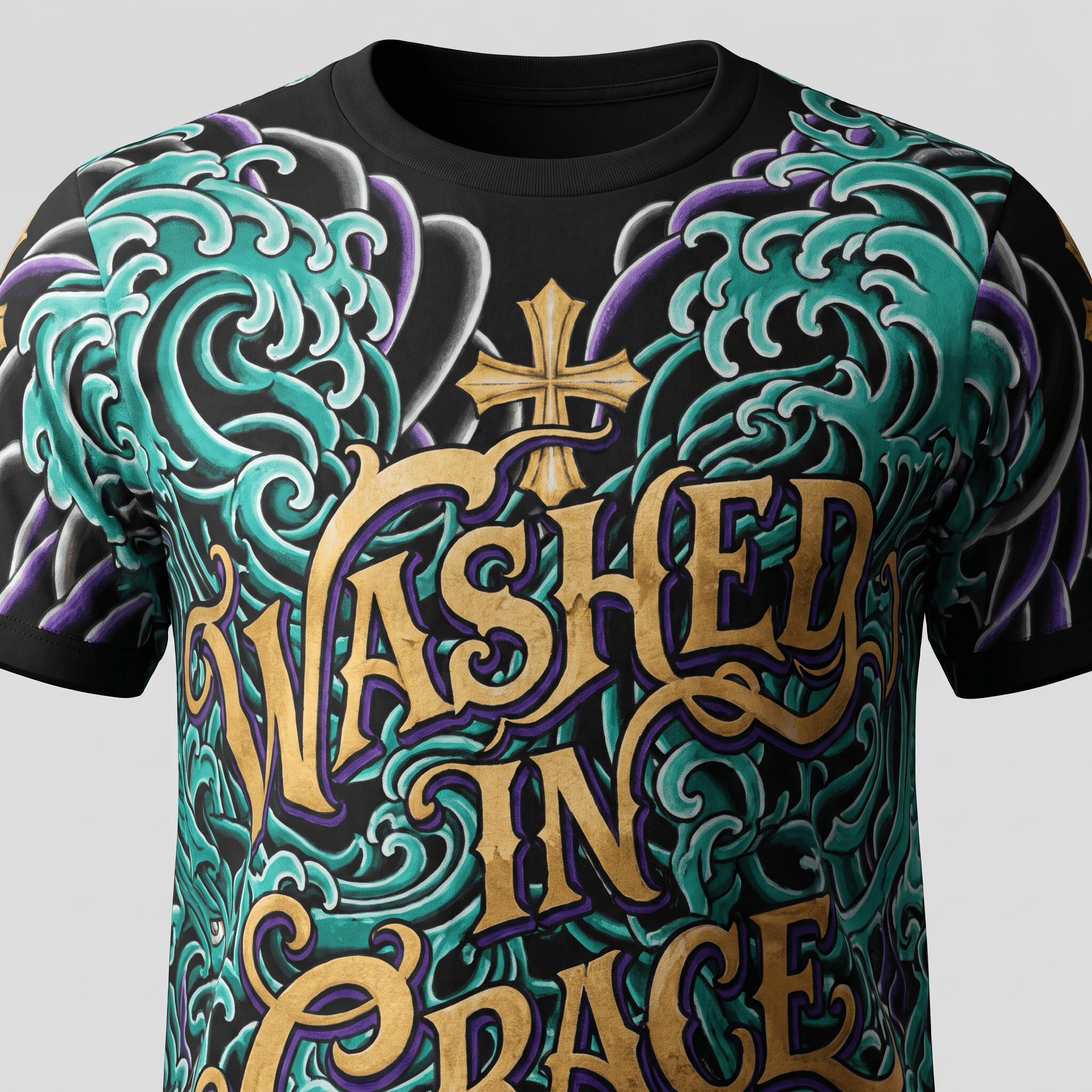Black t-shirt with teal and purple Japanese waves, a gold cross, and Washed in Grace text.