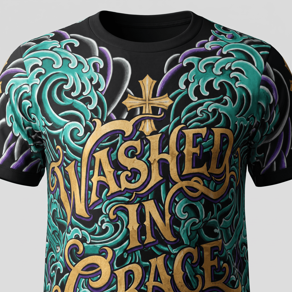 Black t-shirt featuring vibrant teal and purple Japanese waves, gold typography, and a cross.