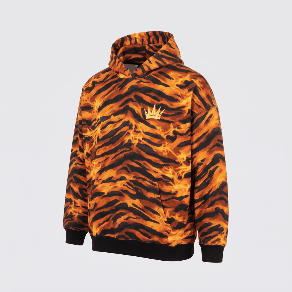 Orange and black hoodie featuring a tiger stripe and flame pattern with a gold crown logo on the chest.
