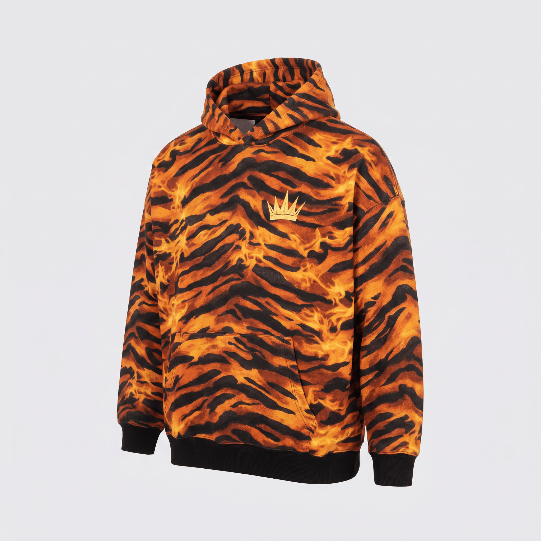 Orange and black hoodie featuring a tiger stripe and flame pattern with a gold crown logo on the chest.