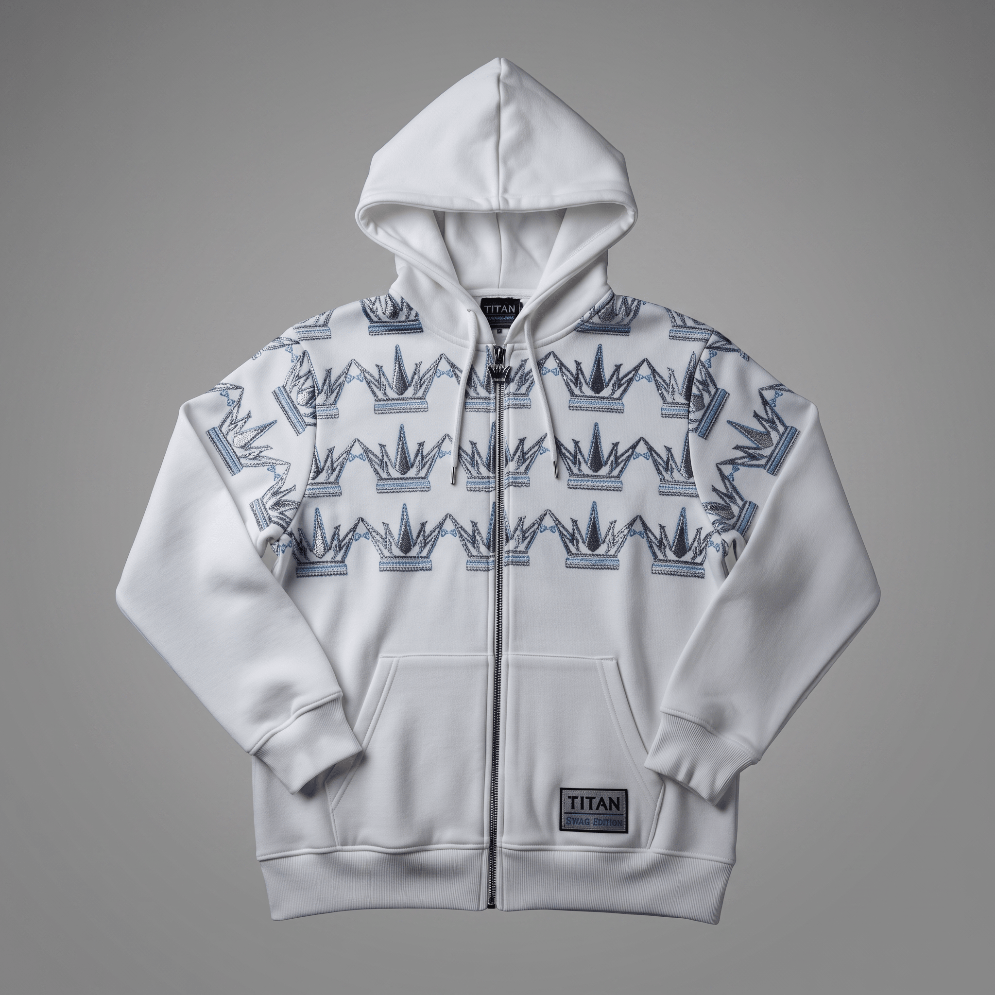 White zip-up hoodie featuring a blue crown pattern across the chest and shoulders, with a Titan Swag Edition patch.