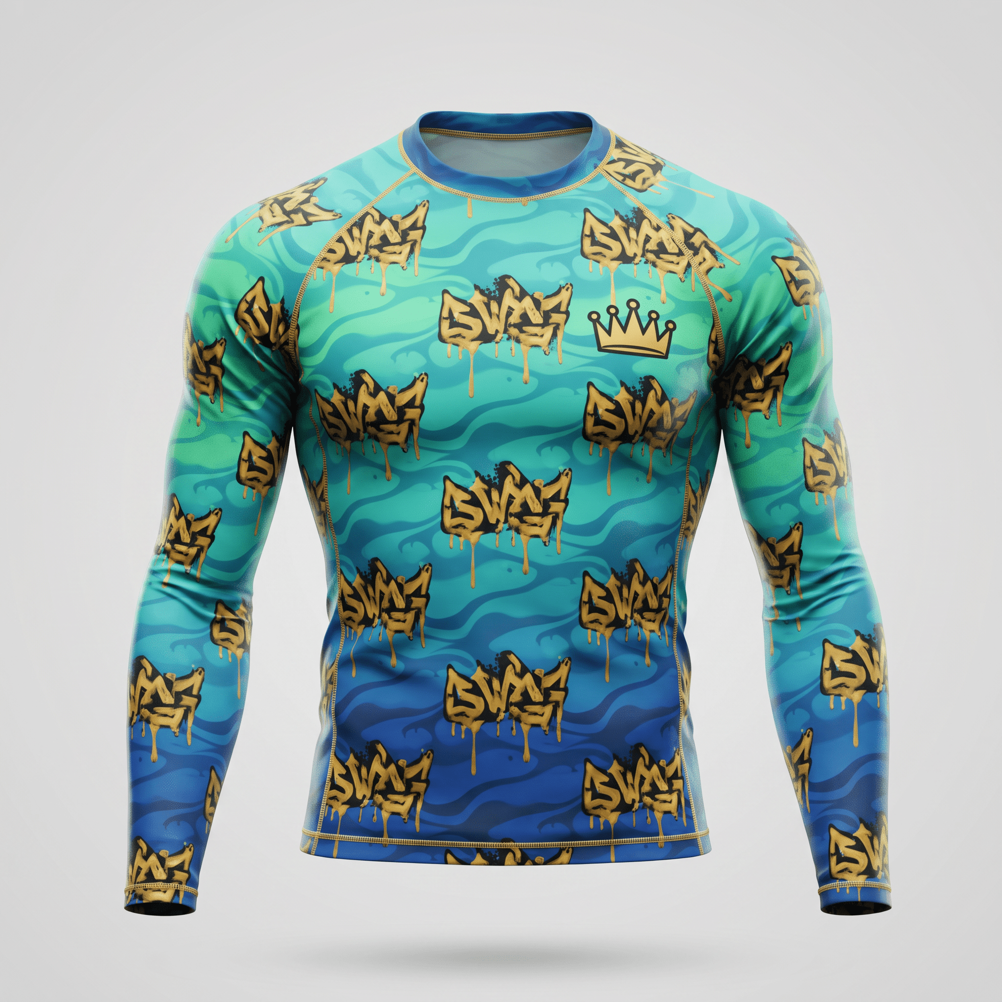 Blue and green long-sleeve rash guard featuring a gold graffiti print and crown graphic.