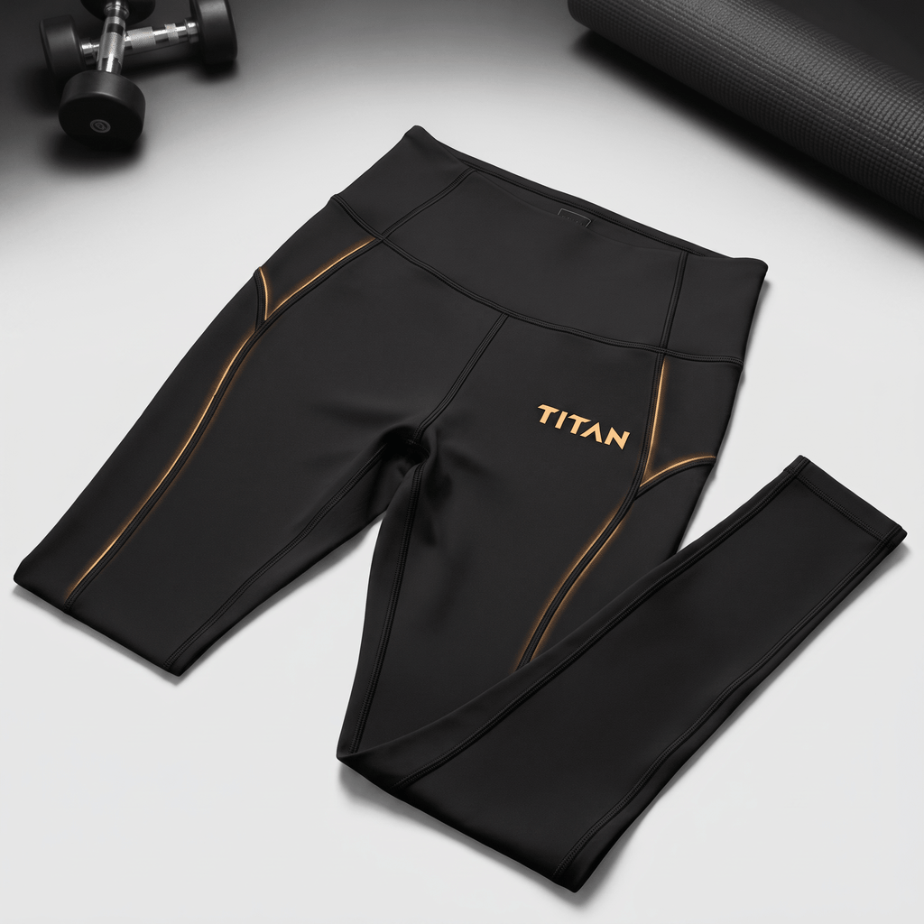Black Titan athletic leggings with gold accent piping, flatlayed on a gym floor with a dumbbell and yoga mat.