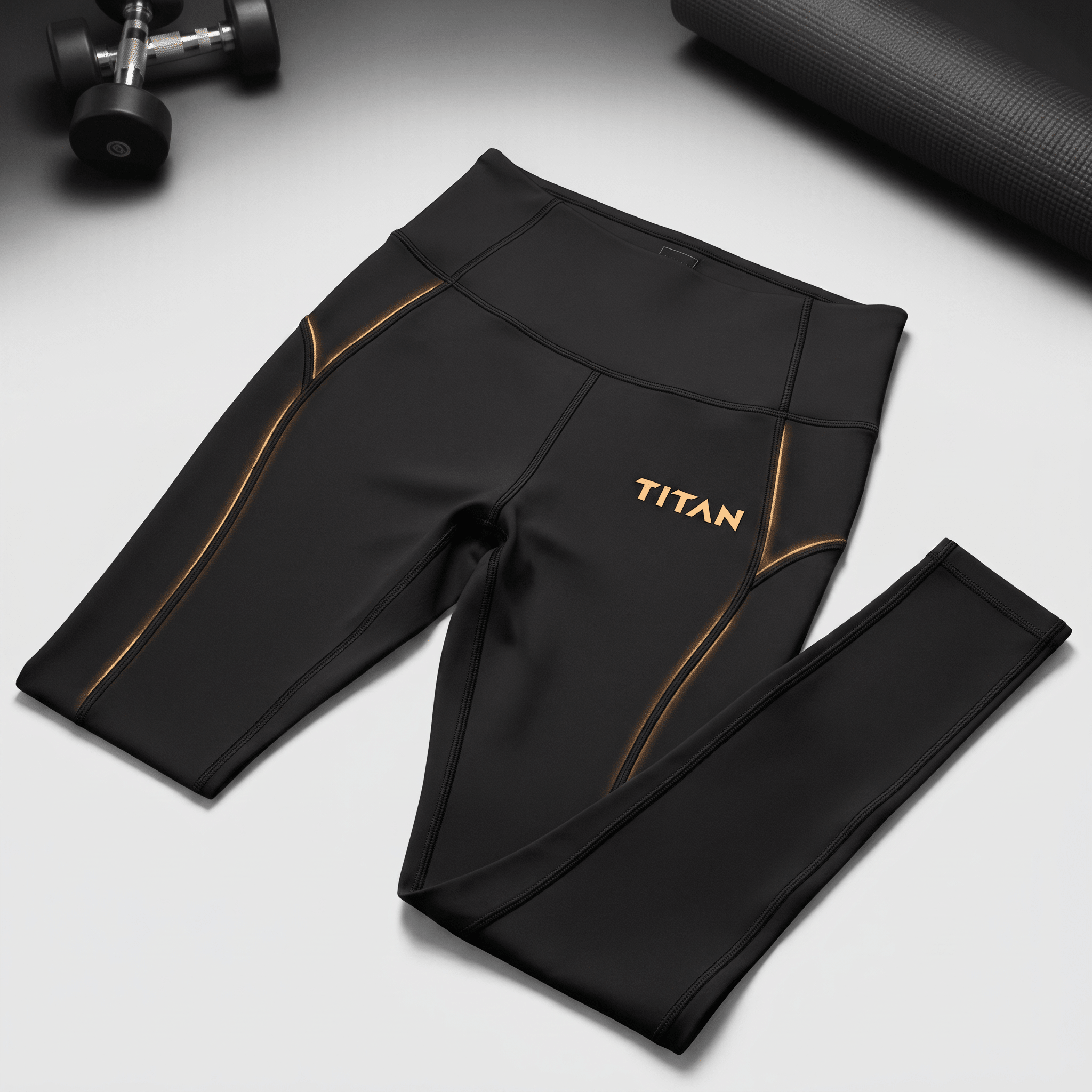 Black Titan athletic leggings with gold accent piping, flatlayed on a gym floor with a dumbbell and yoga mat.