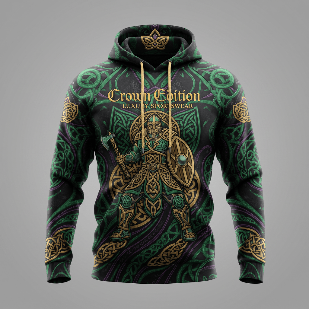 Black hoodie featuring green and gold Norse warrior graphic with Celtic knotwork and Crown Edition text.