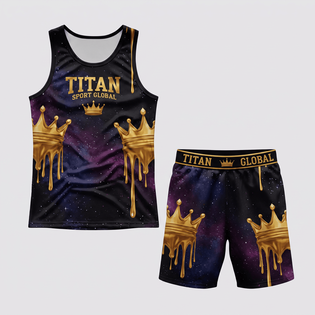 Titan Sport Global black tank top and shorts set with galaxy print and gold dripping crown graphics.