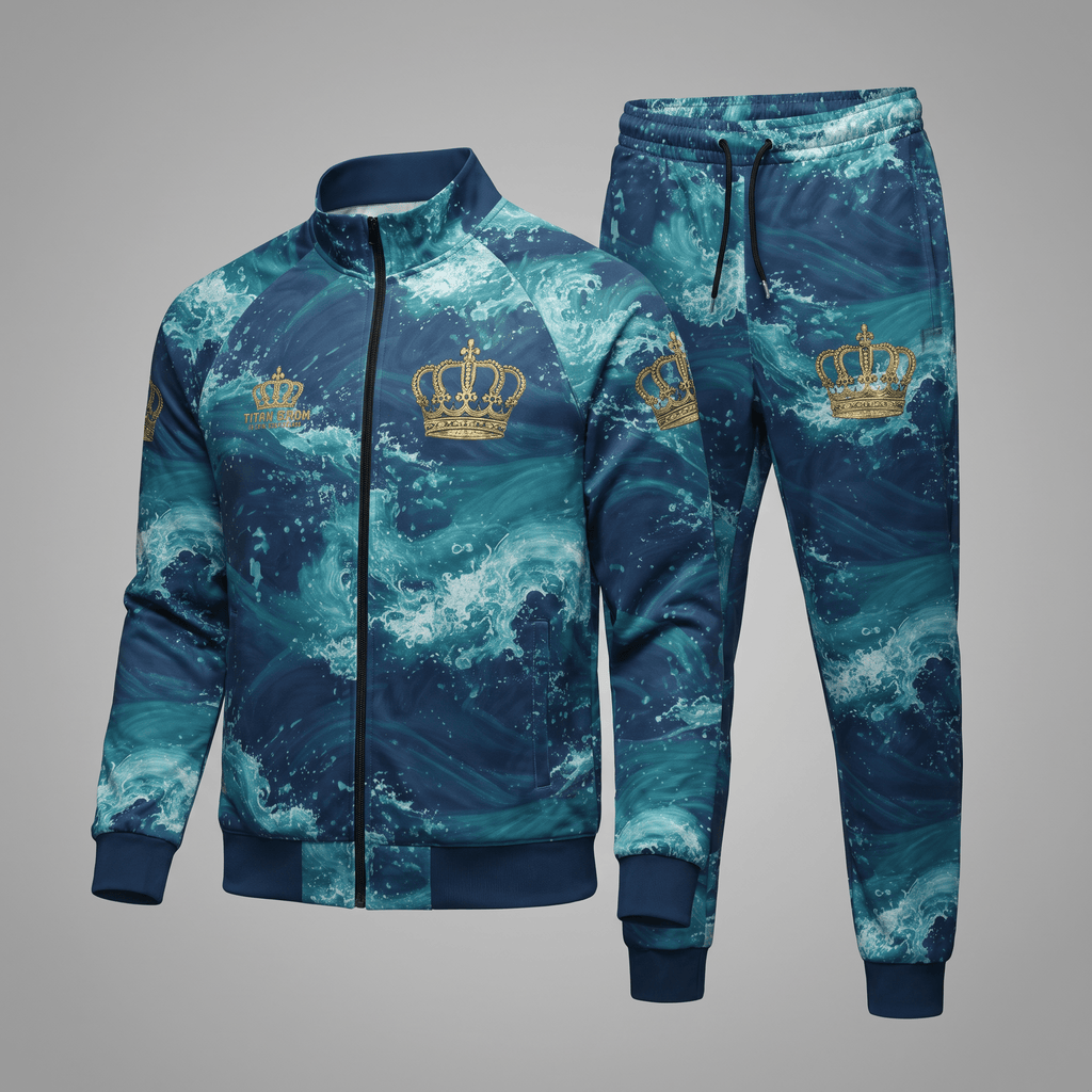 Blue ocean wave print tracksuit with gold crown graphics, featuring a zip-up jacket and matching joggers.
